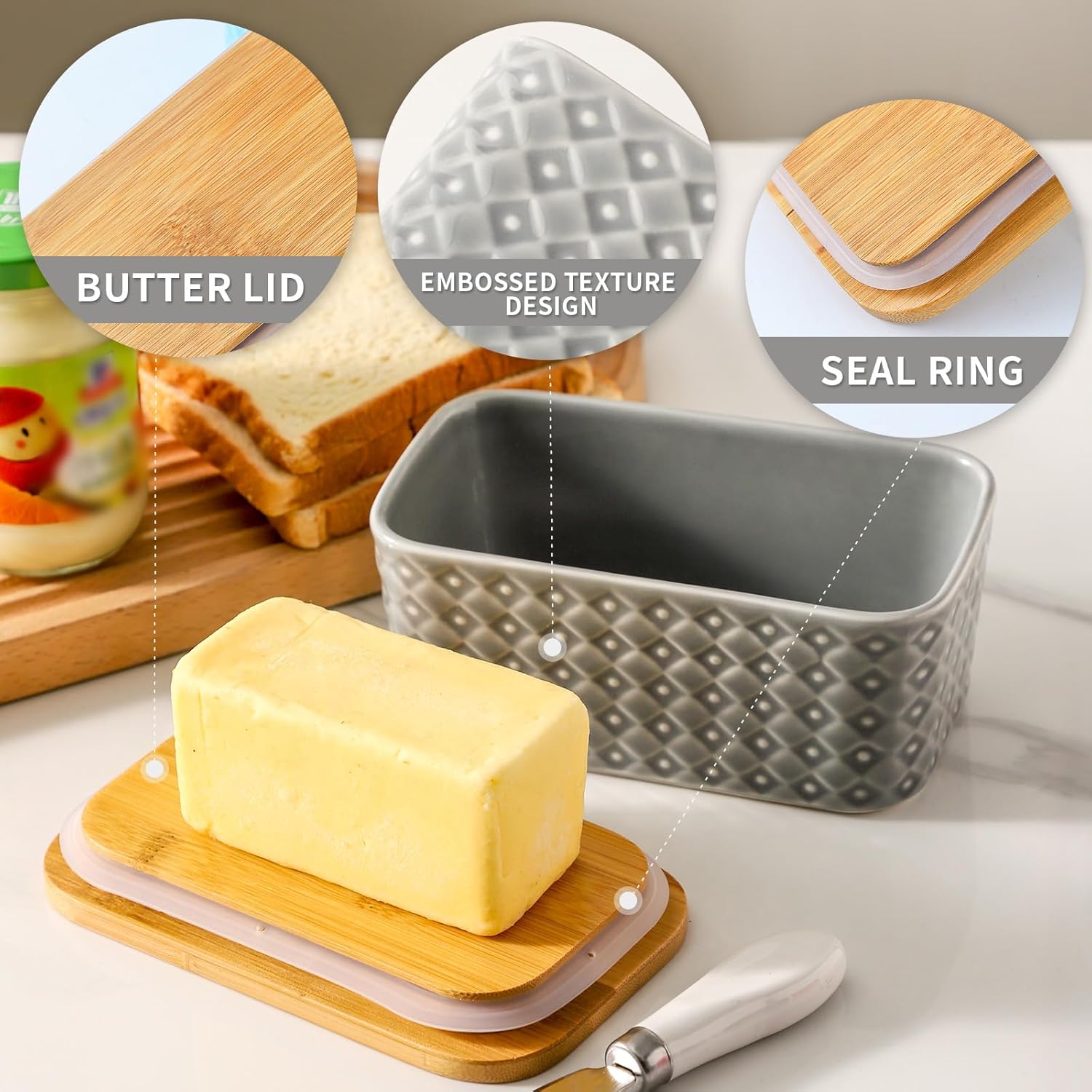 Ceramic Butter Dish with Wooden Lid, Large Butter Container for Countertop Airtight Butter Stick Covered Keeper