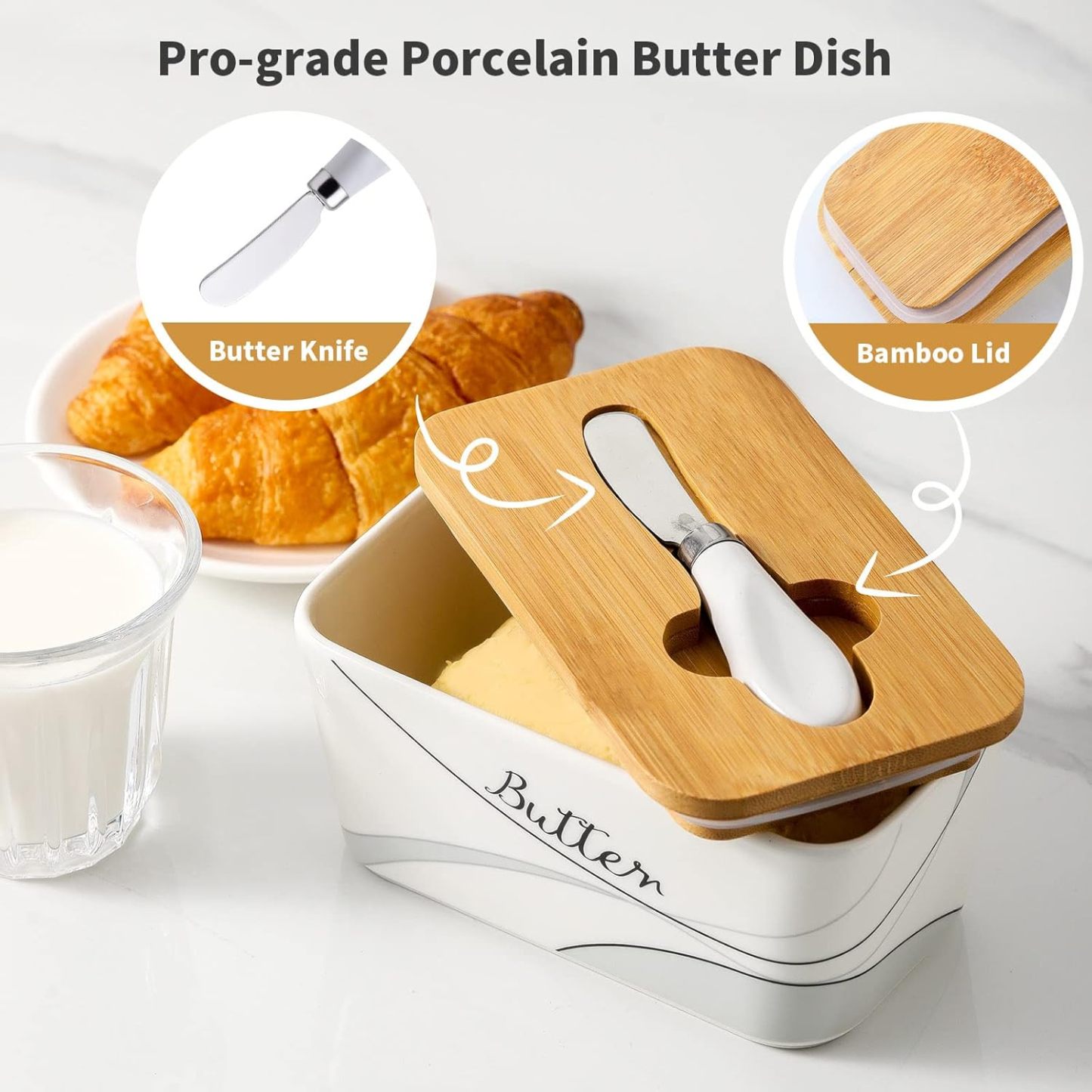 Covered Butter Dish with Lid for Countertop and Refrigerator, Large Ceramic Airtight Butter Holder Keeper Container
