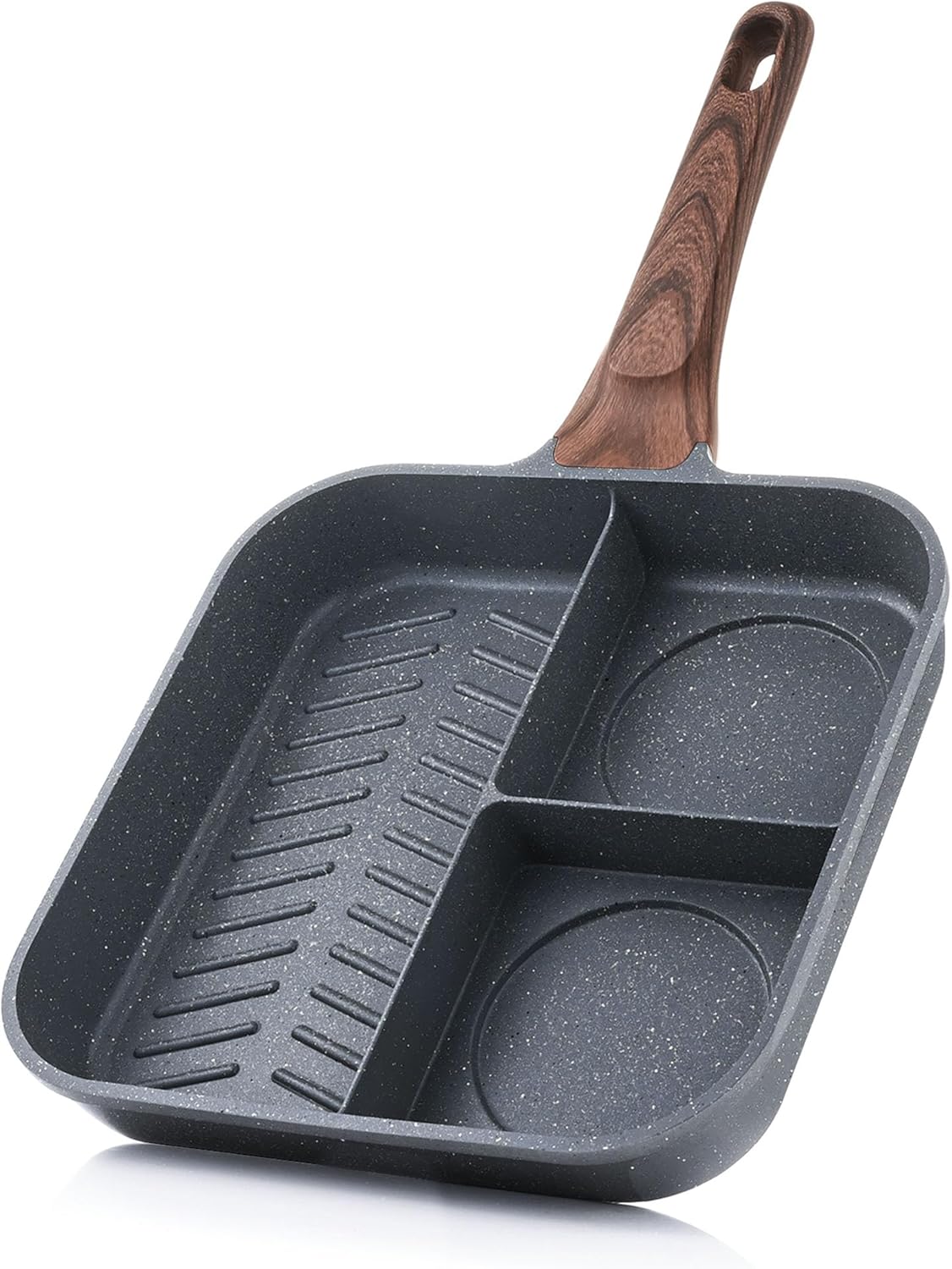 9.5 Inch Nonstick Divided Grill Pan for Stove Tops, 3-Section Versatile Breakfast Grilling Pan, Durable Square Grill Skillet, Steak Griddle Pan, PFOA, PFOS, APEO Free, Induction Compatible