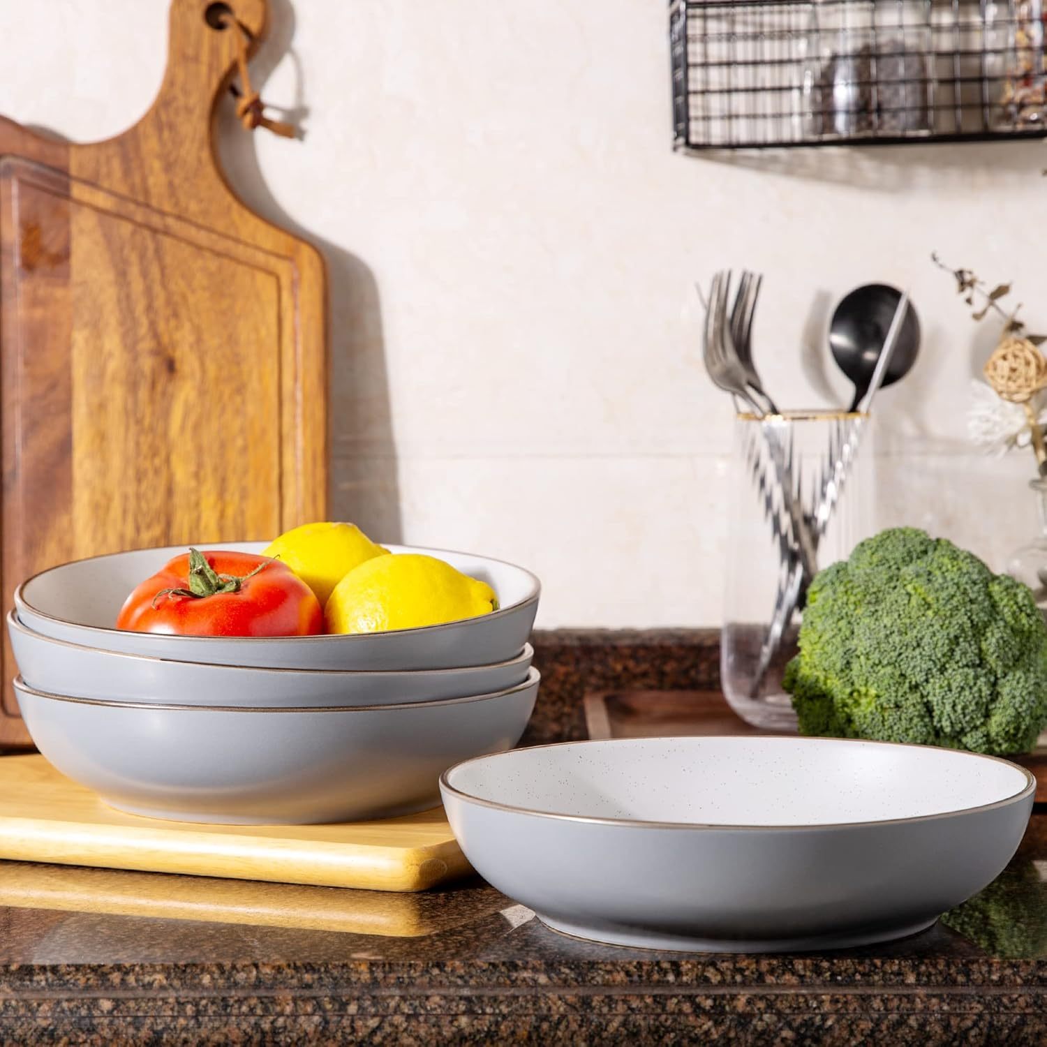 8.5'' Stoneware Pasta Bowls, 32oz Large Speckled Bowls Set of 4 for Kitchen, Wide & Flat Bowls for Pasta,Salad,Oatmeal, Microwave&Dishwasher Safe, Matte Gray