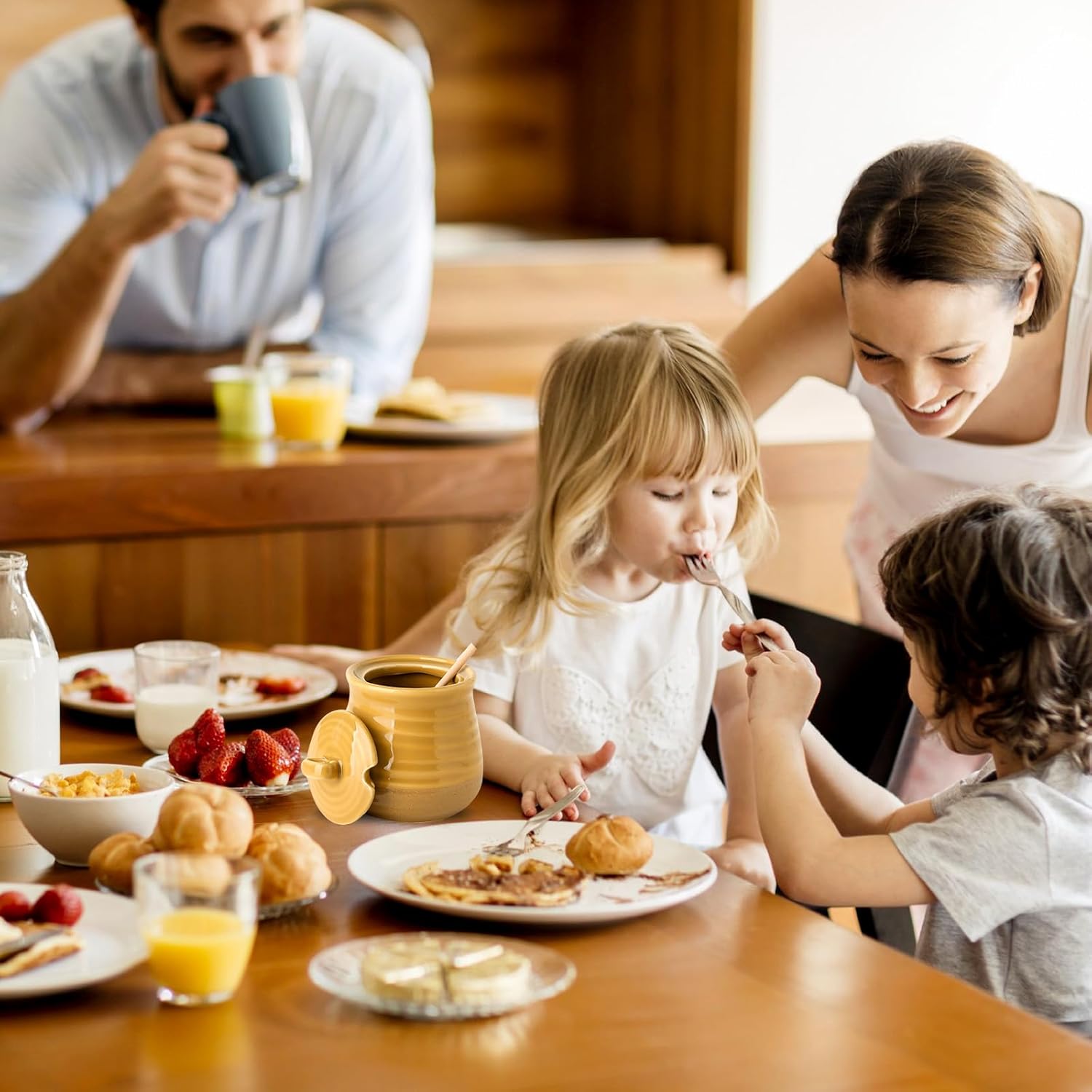 Ceramic Honey Jar and Dipper Set, 12 Ounce Honey Pot with Lid and Wooden Dipper, Porcelain Honey Dipper Stick and Jar Set