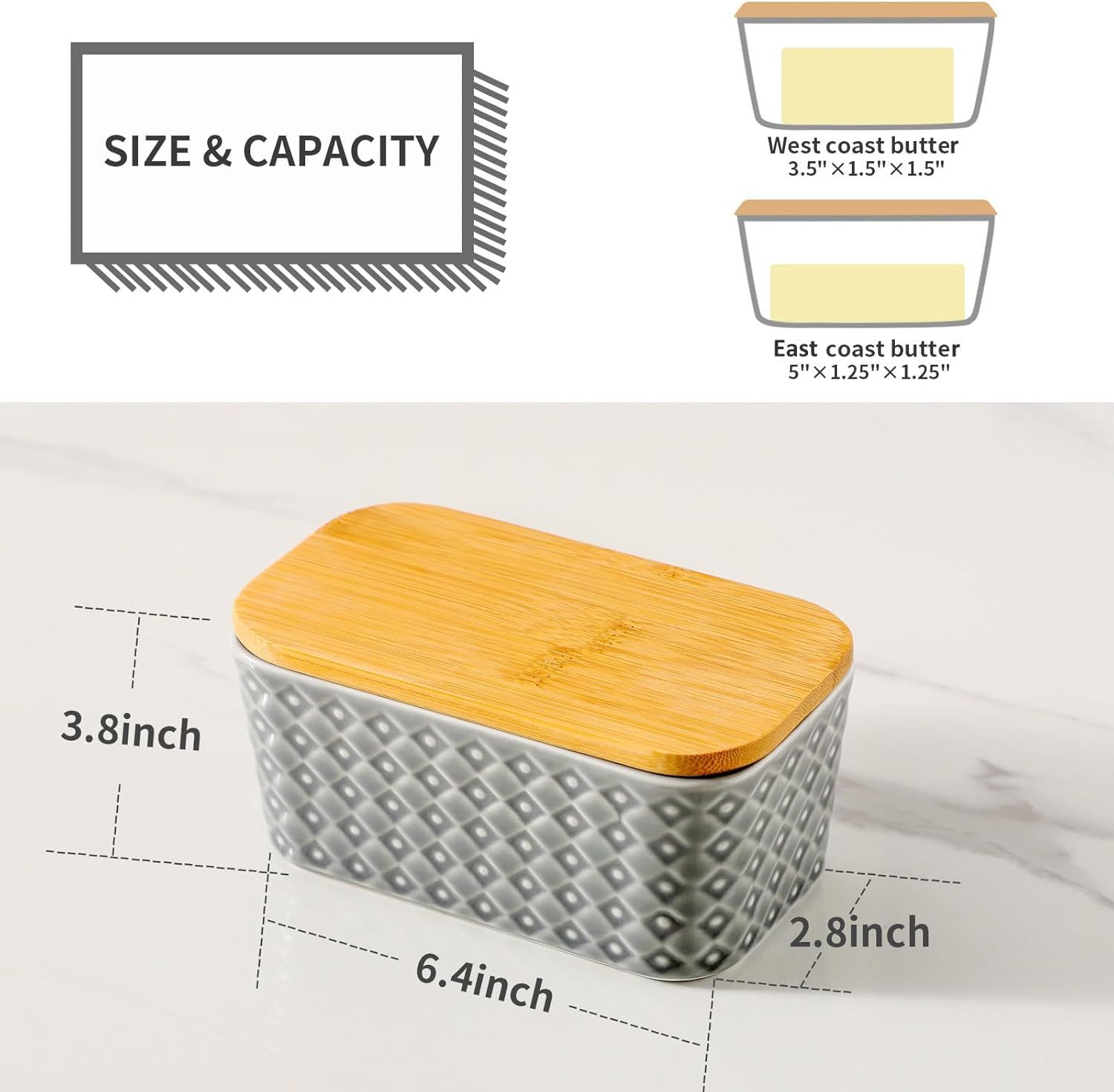 Ceramic Butter Dish with Wooden Lid, Large Butter Container for Countertop Airtight Butter Stick Covered Keeper
