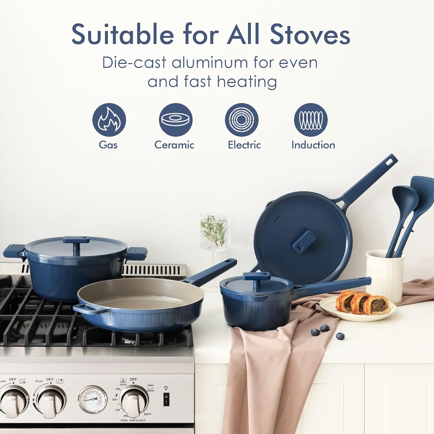 Ceramic Cookware Set, Pro Series Pots and Pans Set Nonstick, Non-toxic Healthy Induction Cookware, 14 Pcs Non Stick Kitchen Cooking Set w/Die-cast Lids, PFOA PFAS PTFE Free, Dishwasher Safe