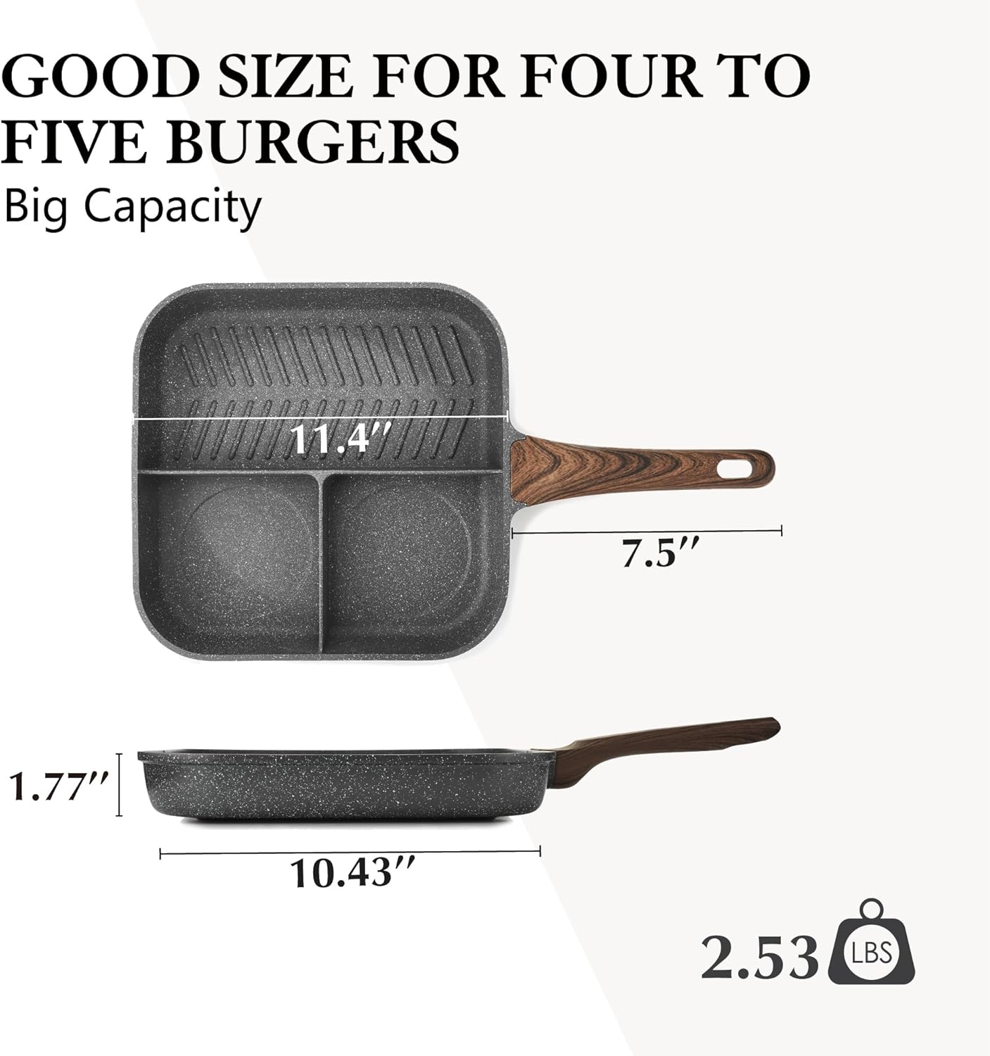 Nonstick 11-Inch Square Grill Pan, 3-Section Versatile Breakfast Skillet, Die-cast Aluminum, PFOA, PFOS, APEO Free, Induction, Gas, Electric, Glass, Ceramic