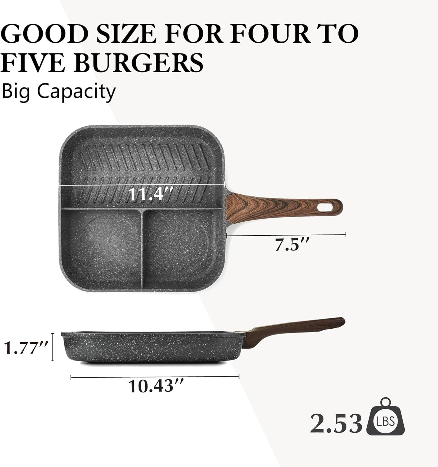 Nonstick 11-Inch Square Grill Pan, 3-Section Versatile Breakfast Skillet, Die-cast Aluminum, PFOA, PFOS, APEO Free, Induction, Gas, Electric, Glass, Ceramic