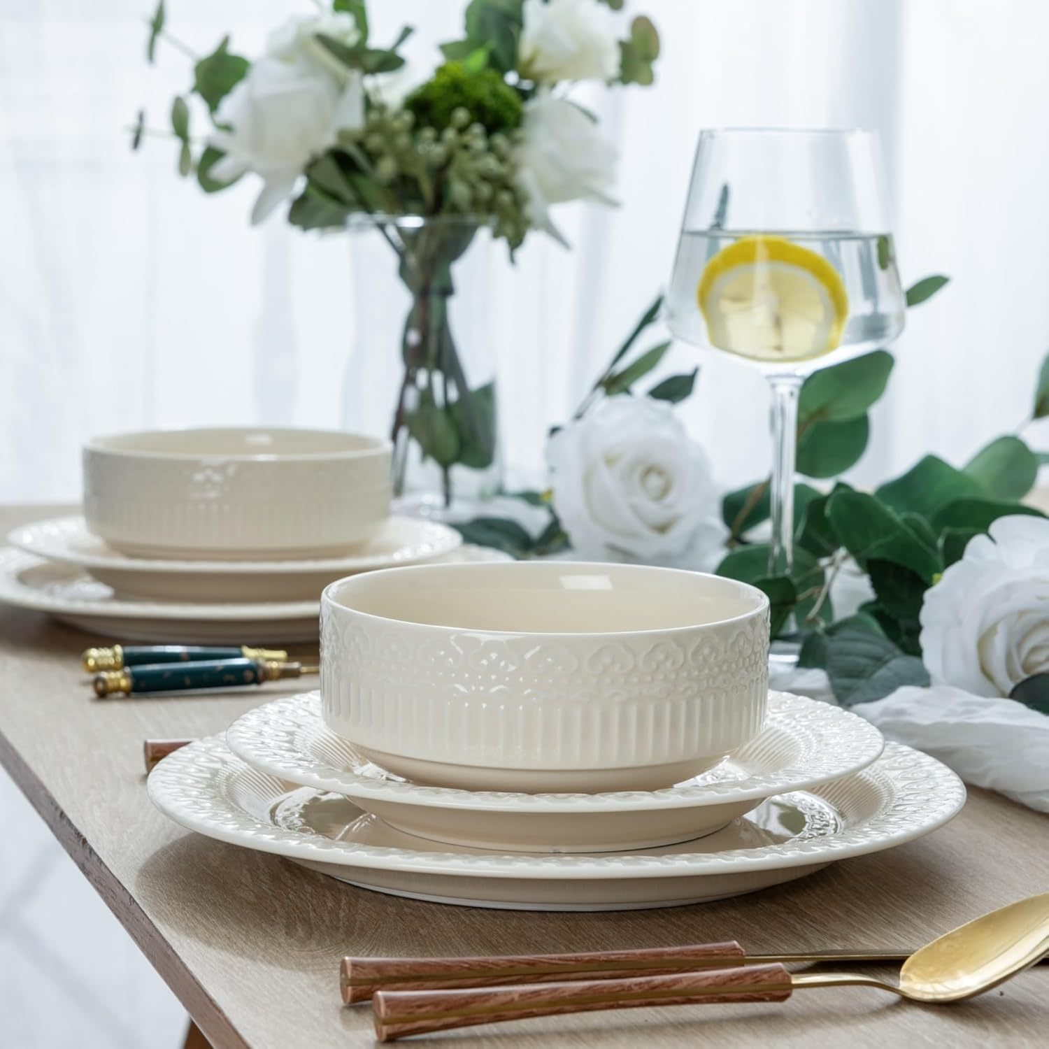 Ceramic Dinnerware Sets for 4, 12 Pieces Plates and Bowls Set with Embossed Royal Pattern, Scratch Resistant Stoneware Dish Sets for Dinner, Oven,Dishwasher & Microwave Safe