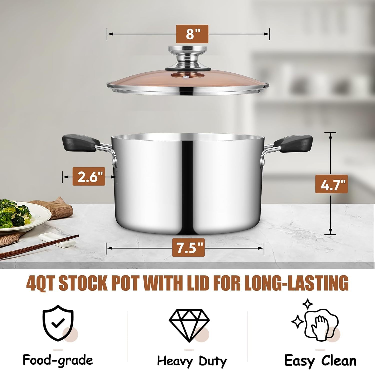 Stainless Steel Tri-ply Pasta Cooking Pot & Glass Lid with Heat-proof Handles, for Cooking Baking Boiling, Non-toxic & Heavy Duty, Various Stovetops & Dishwasher Safe
