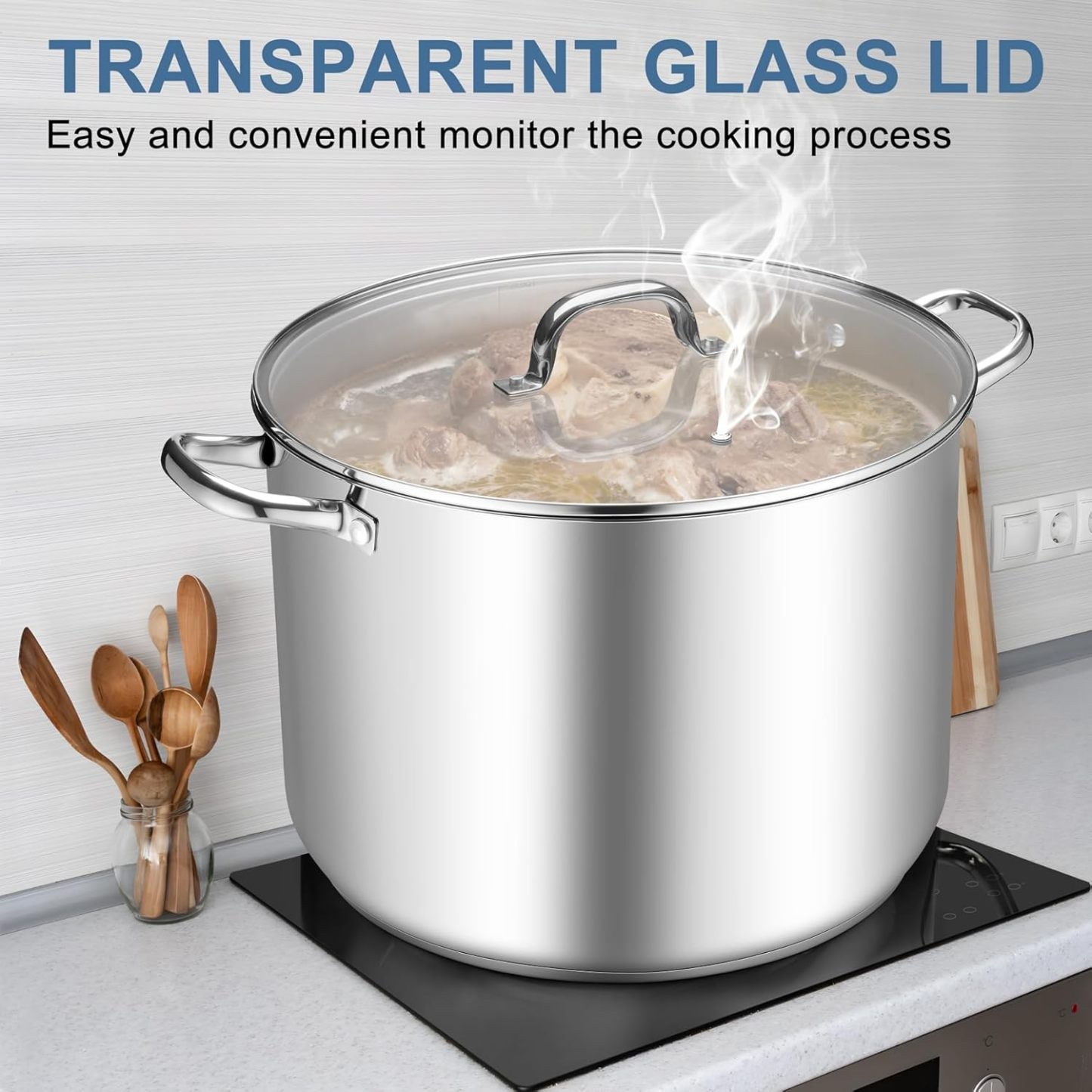 Stockpot Tri-ply Bottom Cooking Soup Pot with Glass Lid, for Induction Gas Glass Stovetops, Non Toxic & Heavy Duty, Large Size & Easy Clean