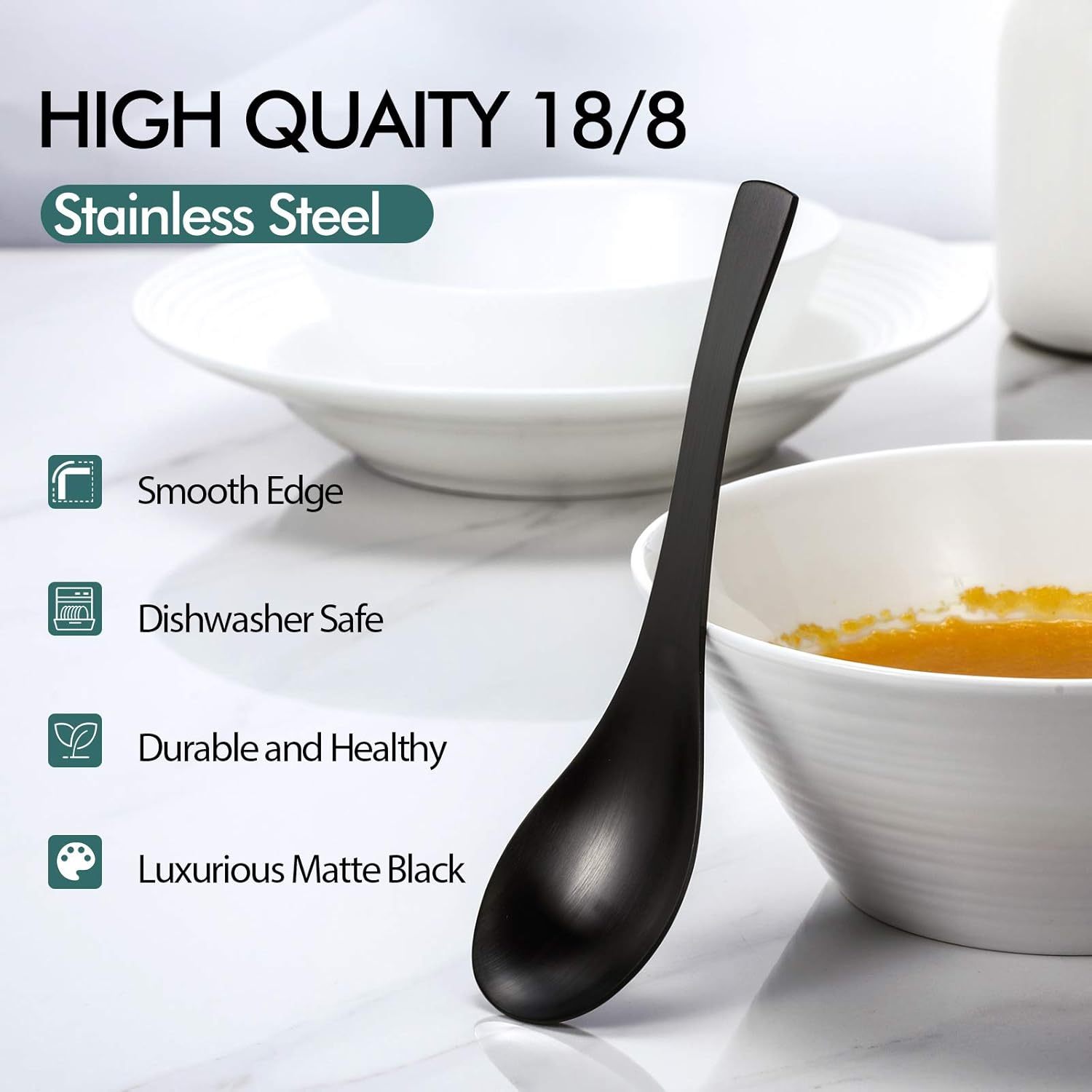 Matte Black Thick Heavy-Weight Soup Spoons, Stainless Steel Soup Spoons, Table Spoons, Set of 6
