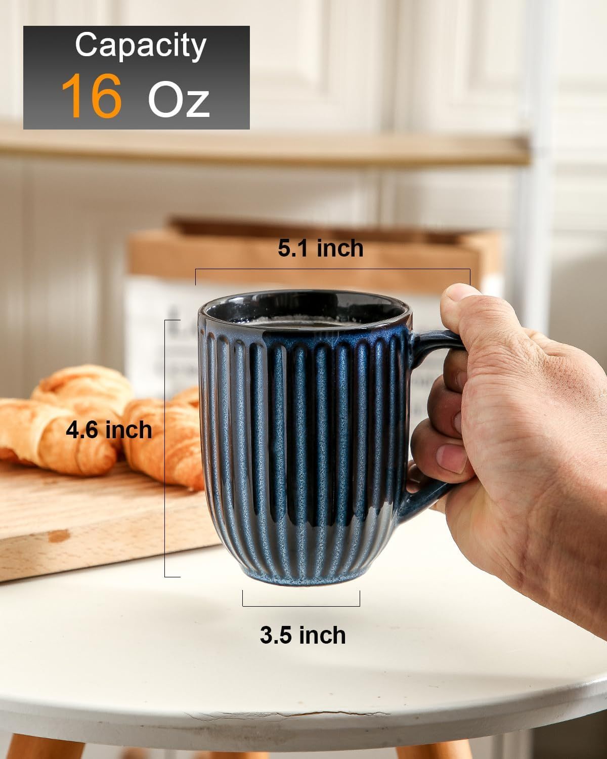 Coffee Mugs Set, 16 oz Ceramic Coffee Cups, Ribbed Tea Cup Set of 6, Latte Mugs for Tea and Cocoa, Dishwasher & Microwave Safe