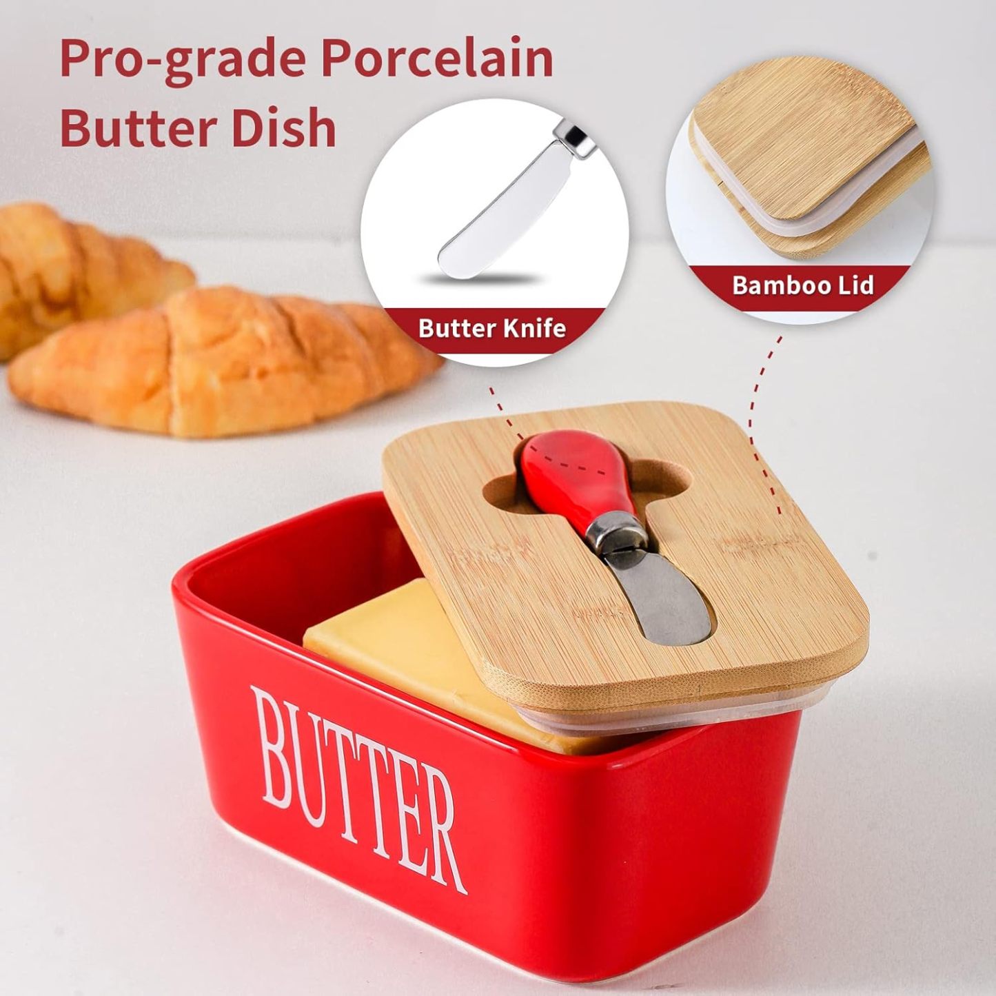 Butter Dish with Lid for Countertop and Refrigerator, Large Ceramic Covered Butter Holder Keeper