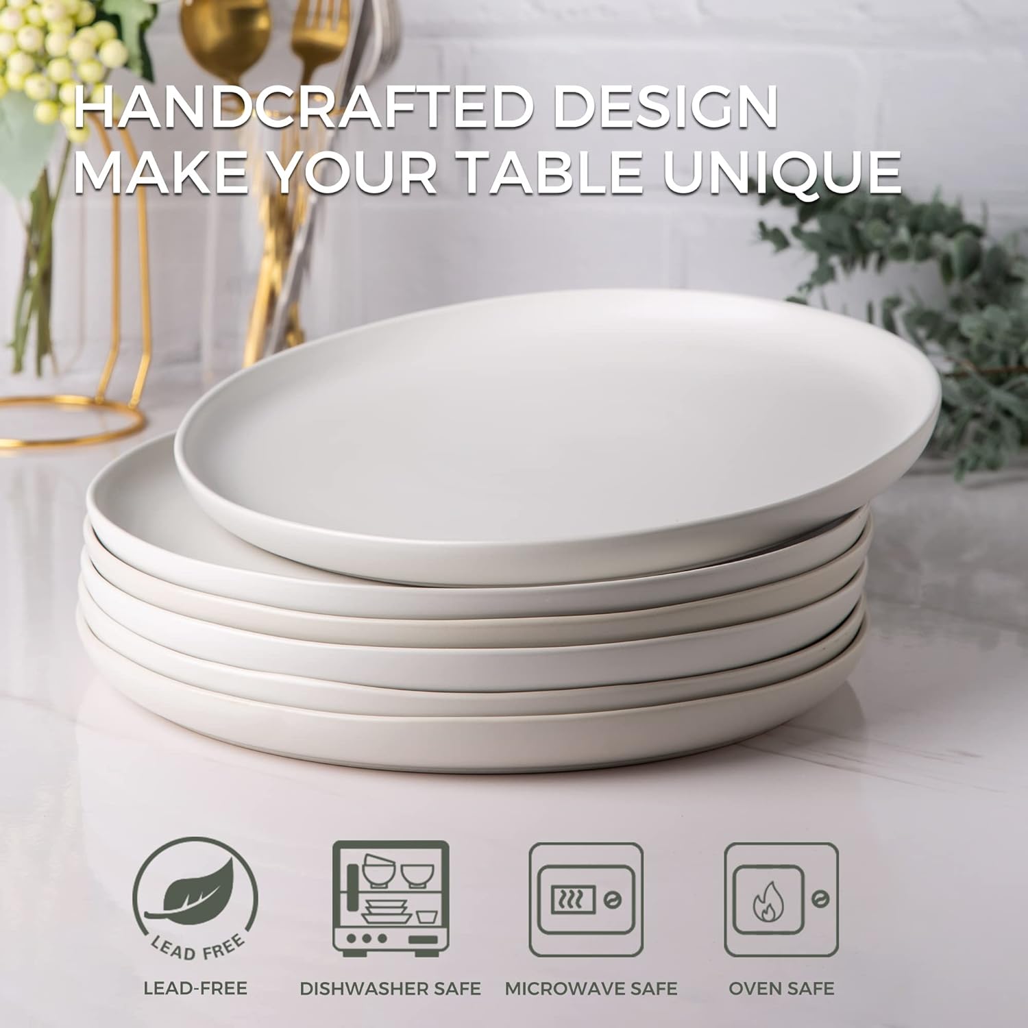 Ceramic Dinner Salad Plates Set of 6, Wavy Rim 8.5 Inch Dish Set, The Dessert,Salad, Appetizer, Small Dinner etc Plate,Microwave, Dishwasher Safe, Scratch Resistant - Matte White