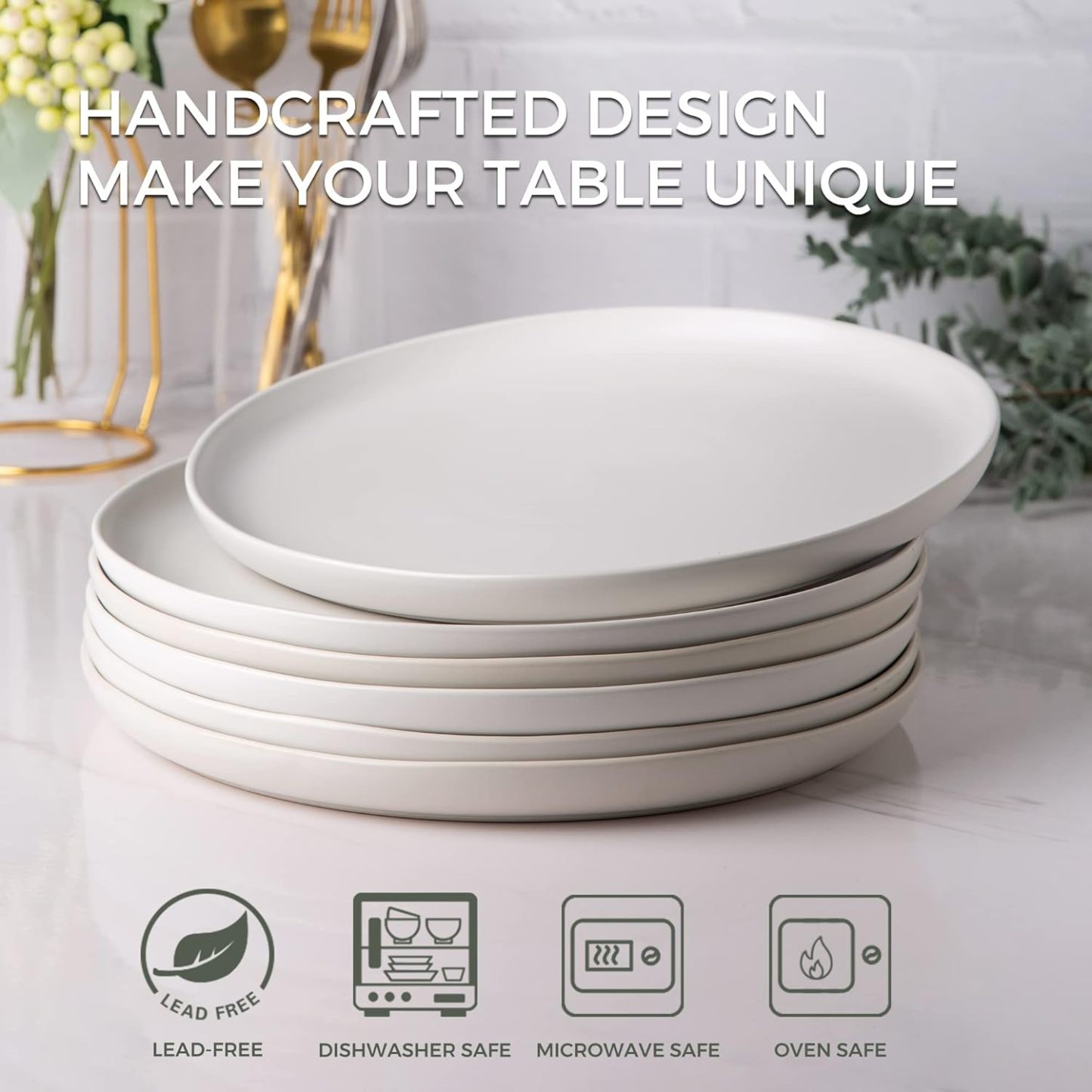 Ceramic Dinner Salad Plates Set of 6, Wavy Rim 8.5 Inch Dish Set, The Dessert,Salad, Appetizer, Small Dinner etc Plate,Microwave, Dishwasher Safe, Scratch Resistant - Matte White