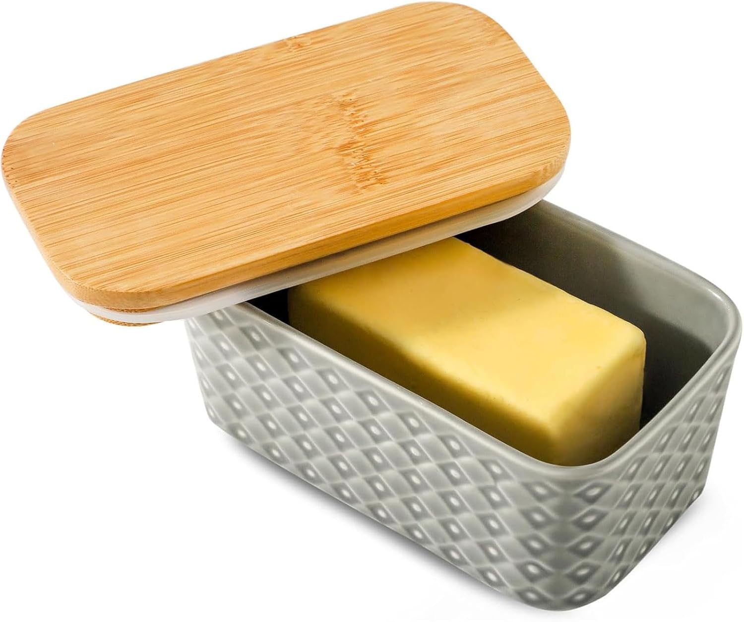 Ceramic Butter Dish with Wooden Lid, Large Butter Container for Countertop Airtight Butter Stick Covered Keeper