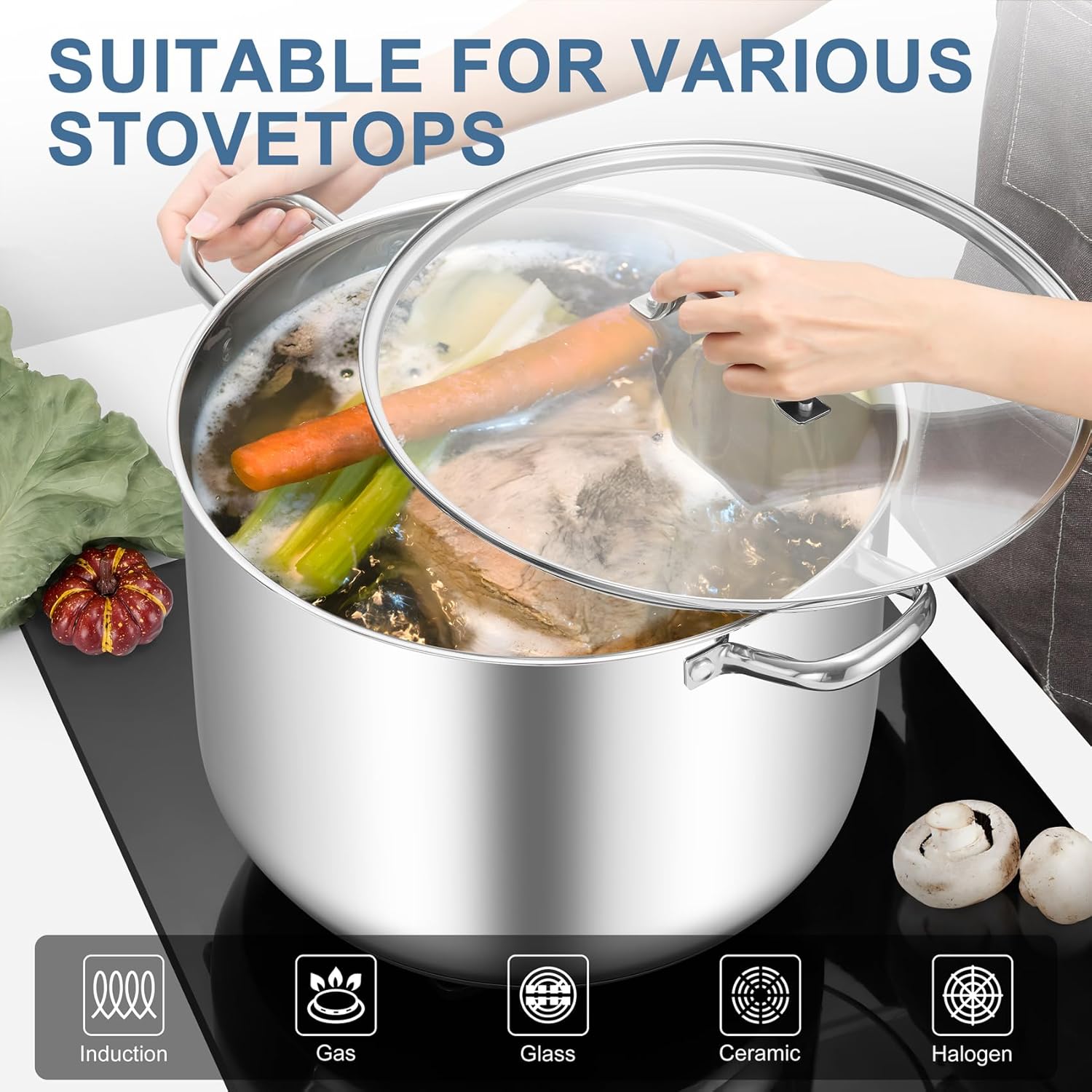 Stockpot Tri-ply Bottom Cooking Soup Pot with Glass Lid, for Induction Gas Glass Stovetops, Non Toxic & Heavy Duty, Large Size & Easy Clean
