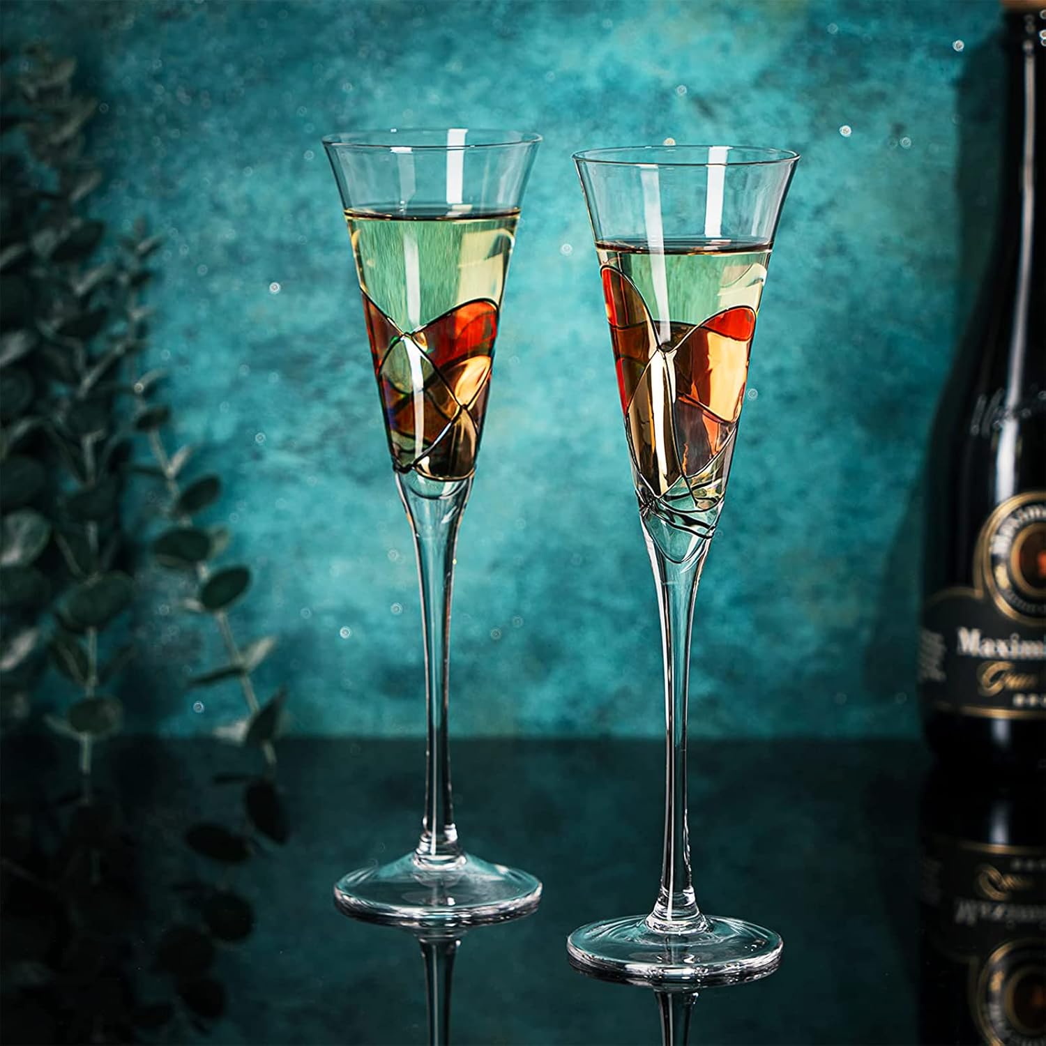 Artisanal Hand Painted Martini, Champagne & Cocktail Glasses, Renaissance Romantic Stain-glassed Windows Gifts, 2 Set - Flutes