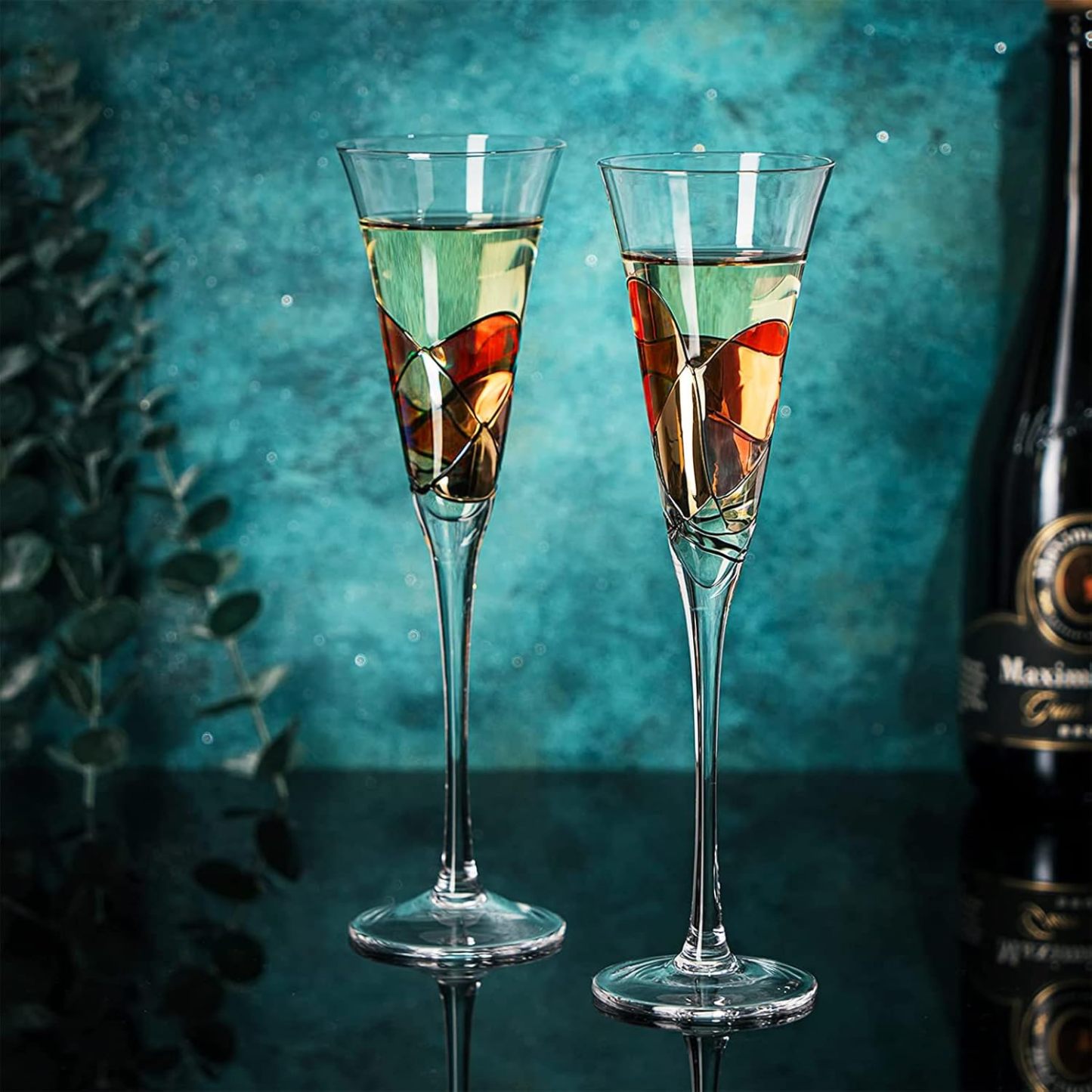 Artisanal Hand Painted Martini, Champagne & Cocktail Glasses, Renaissance Romantic Stain-glassed Windows Gifts, 2 Set - Flutes