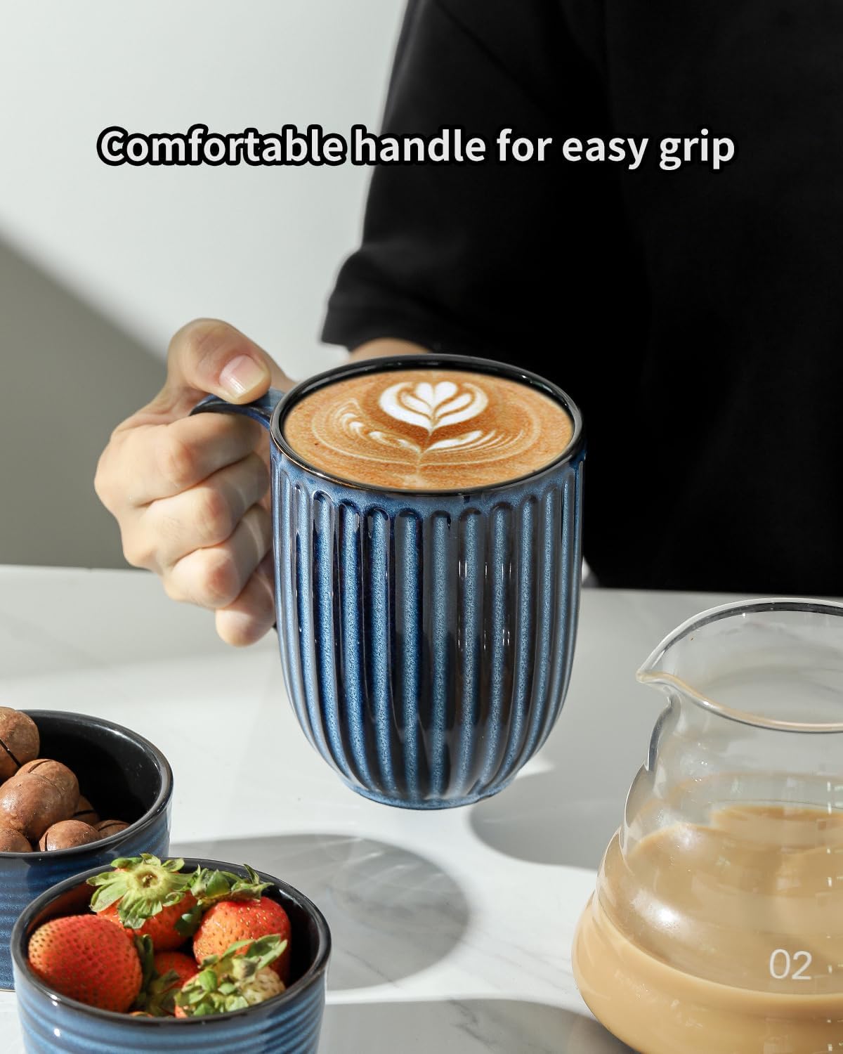 Coffee Mugs Set, 16 oz Ceramic Coffee Cups, Ribbed Tea Cup Set of 6, Latte Mugs for Tea and Cocoa, Dishwasher & Microwave Safe