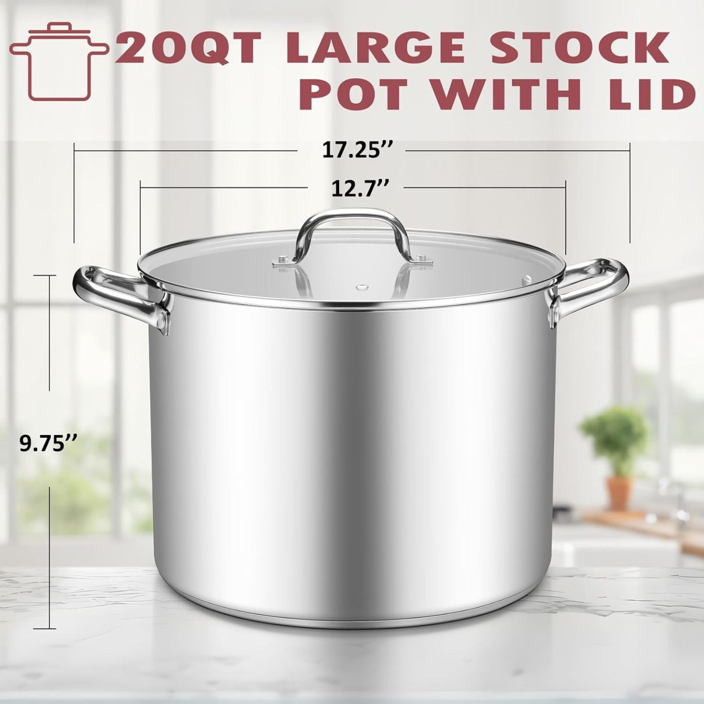 Stockpot Tri-ply Bottom Cooking Soup Pot with Glass Lid, for Induction Gas Glass Stovetops, Non Toxic & Heavy Duty, Large Size & Easy Clean