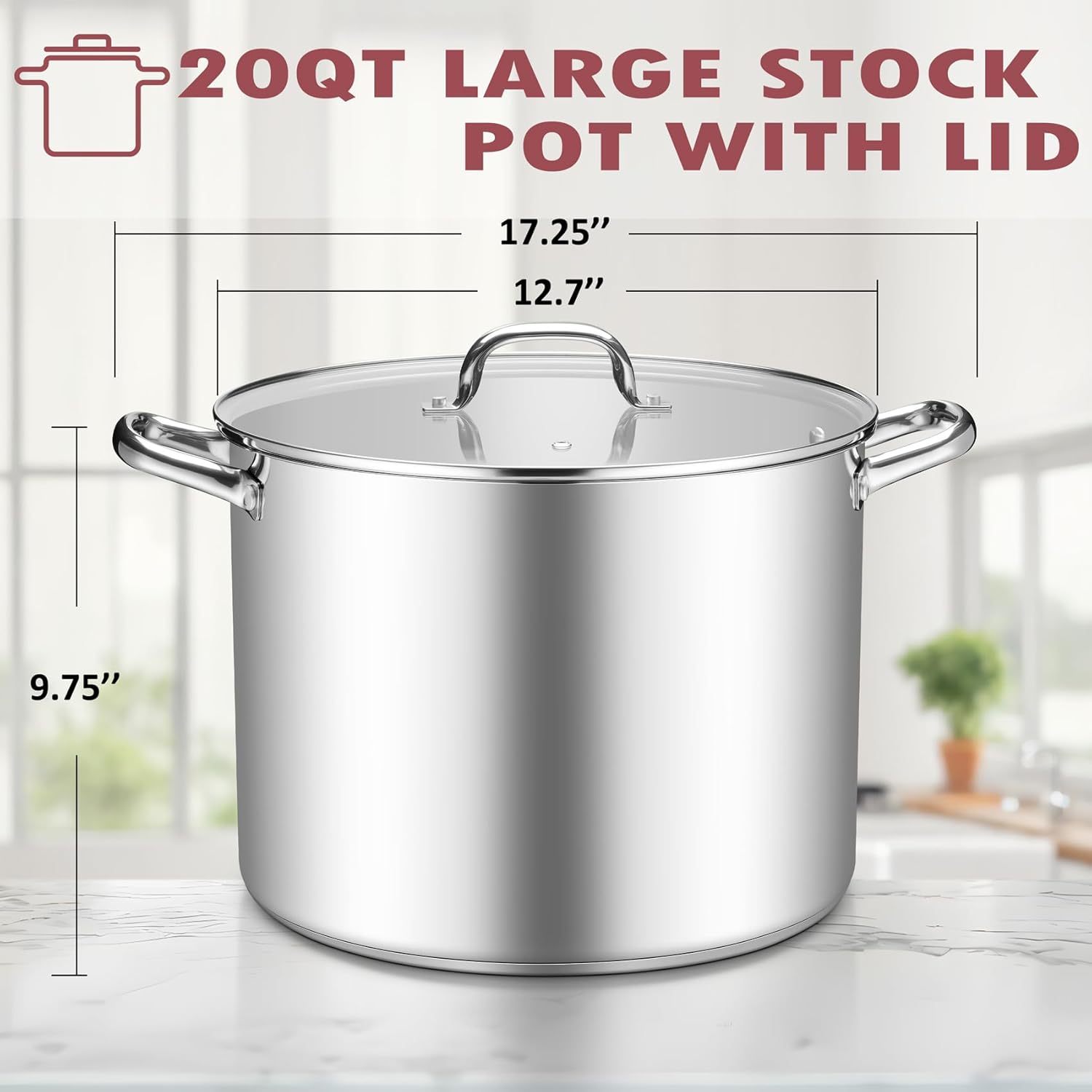 Stockpot Tri-ply Bottom Cooking Soup Pot with Glass Lid, for Induction Gas Glass Stovetops, Non Toxic & Heavy Duty, Large Size & Easy Clean