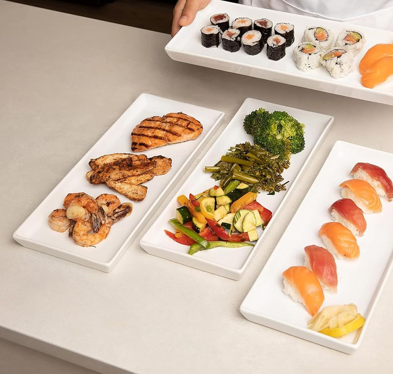 Ceramic 11 Inch Rectangular Serving Trays, Porcelain Platters for Food at Parties and Entertaining, Microwave, Dishwasher Safe, White, Set of 4