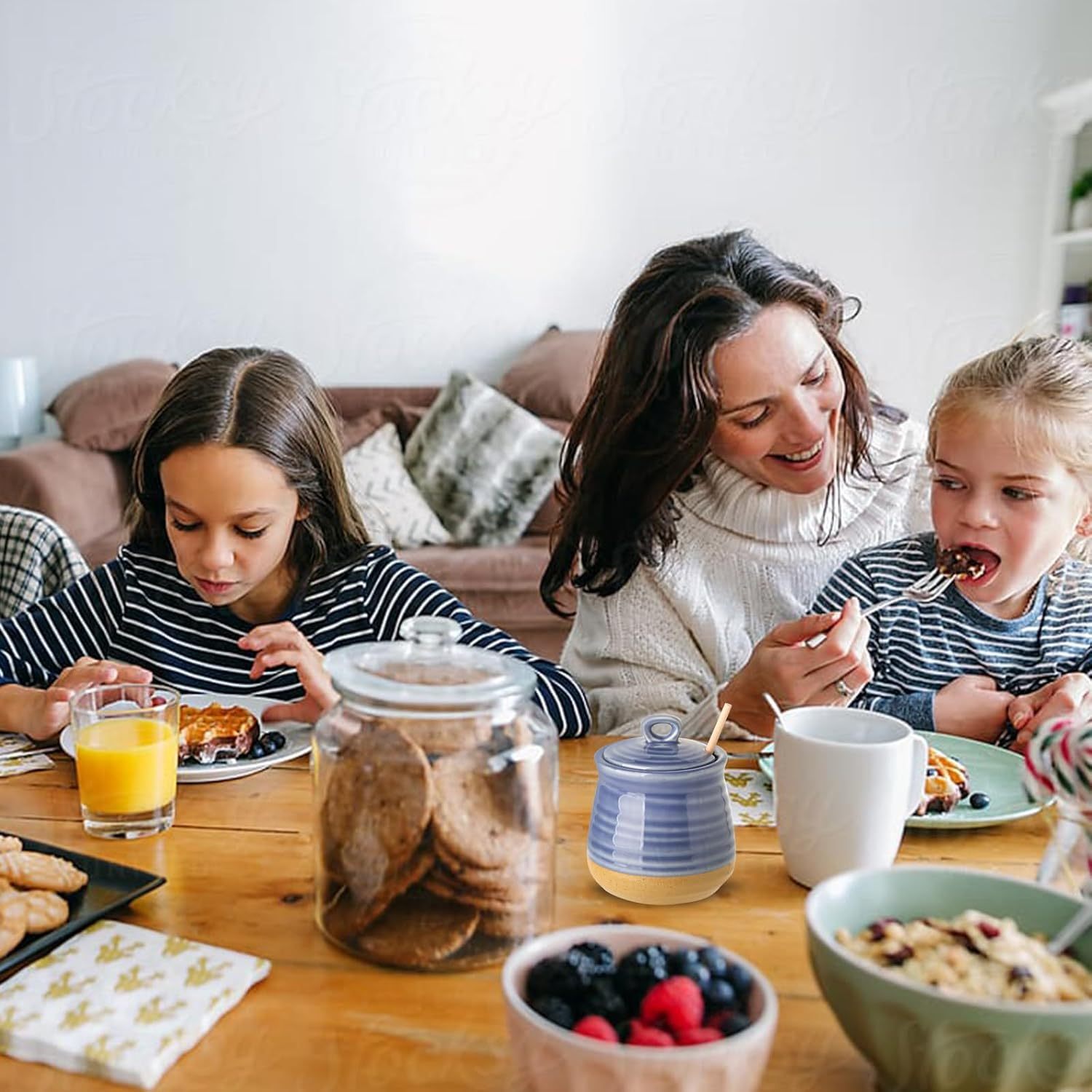 Honey Dipper Stick and Jar Set, Ceramic Honey Pot with Lid and Wooden Dipper, 12 oz Honey Jar for Home Decor