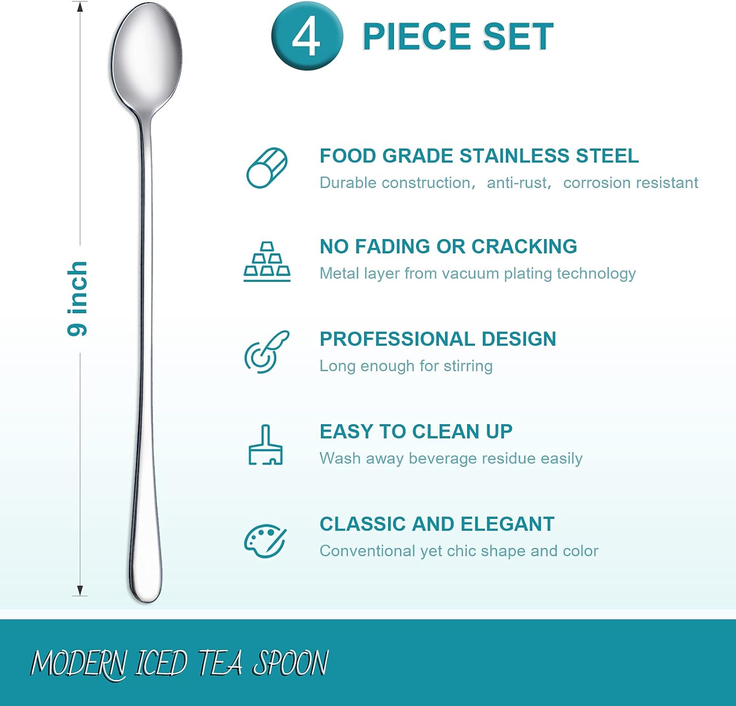 9-Inch Long Handle Iced Tea Spoon, Coffee Spoon, Ice Cream Spoon, Stainless Steel Cocktail Stirring Spoons, Set of 4