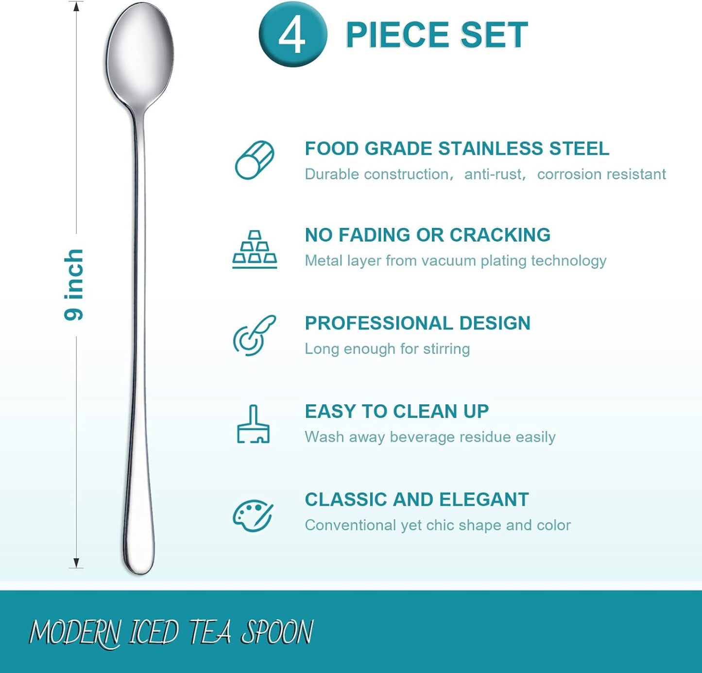 9-Inch Long Handle Iced Tea Spoon, Coffee Spoon, Ice Cream Spoon, Stainless Steel Cocktail Stirring Spoons, Set of 4
