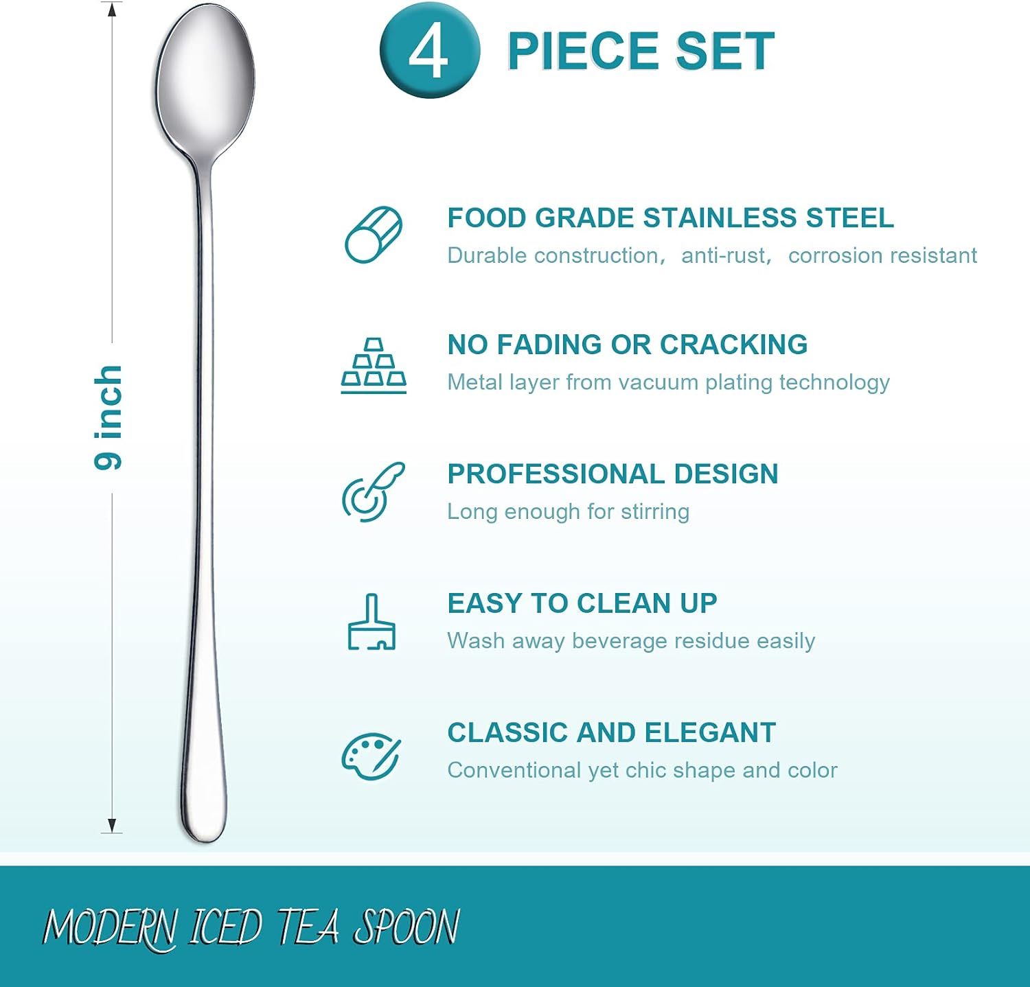 9-Inch Long Handle Iced Tea Spoon, Coffee Spoon, Ice Cream Spoon, Stainless Steel Cocktail Stirring Spoons, Set of 4