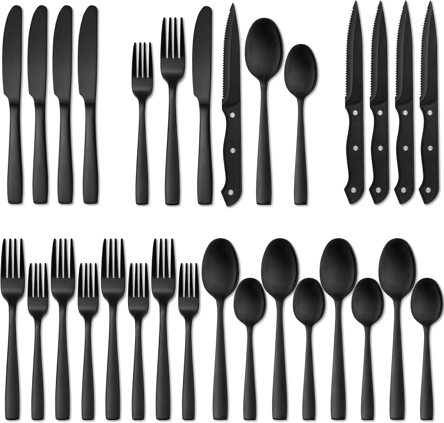 24 Pieces Matte Black Silverware Set with Steak Knives for 4, Stainless Steel Flatware Utensils Set, Hand Wash Recommended