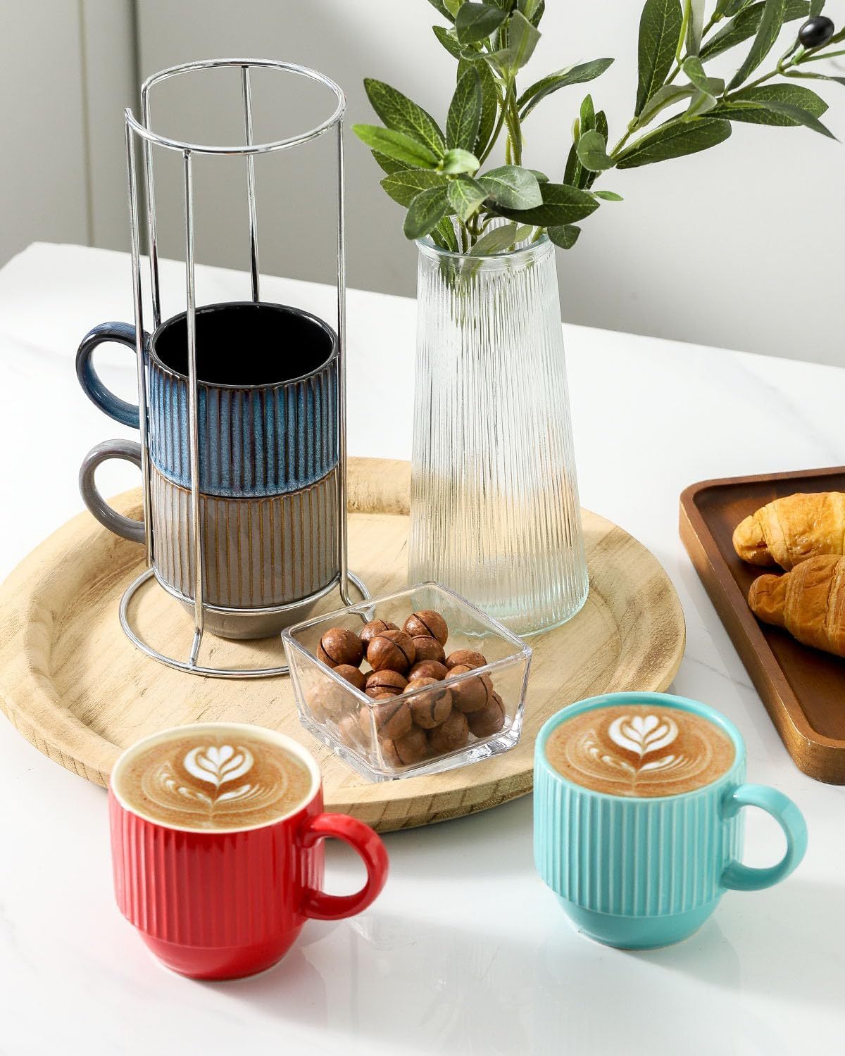 Coffee Mug Set of 4 with Holder - 12 oz Stackable Large Ceramic Ribbed Latte Cup Set for Cappuccino
