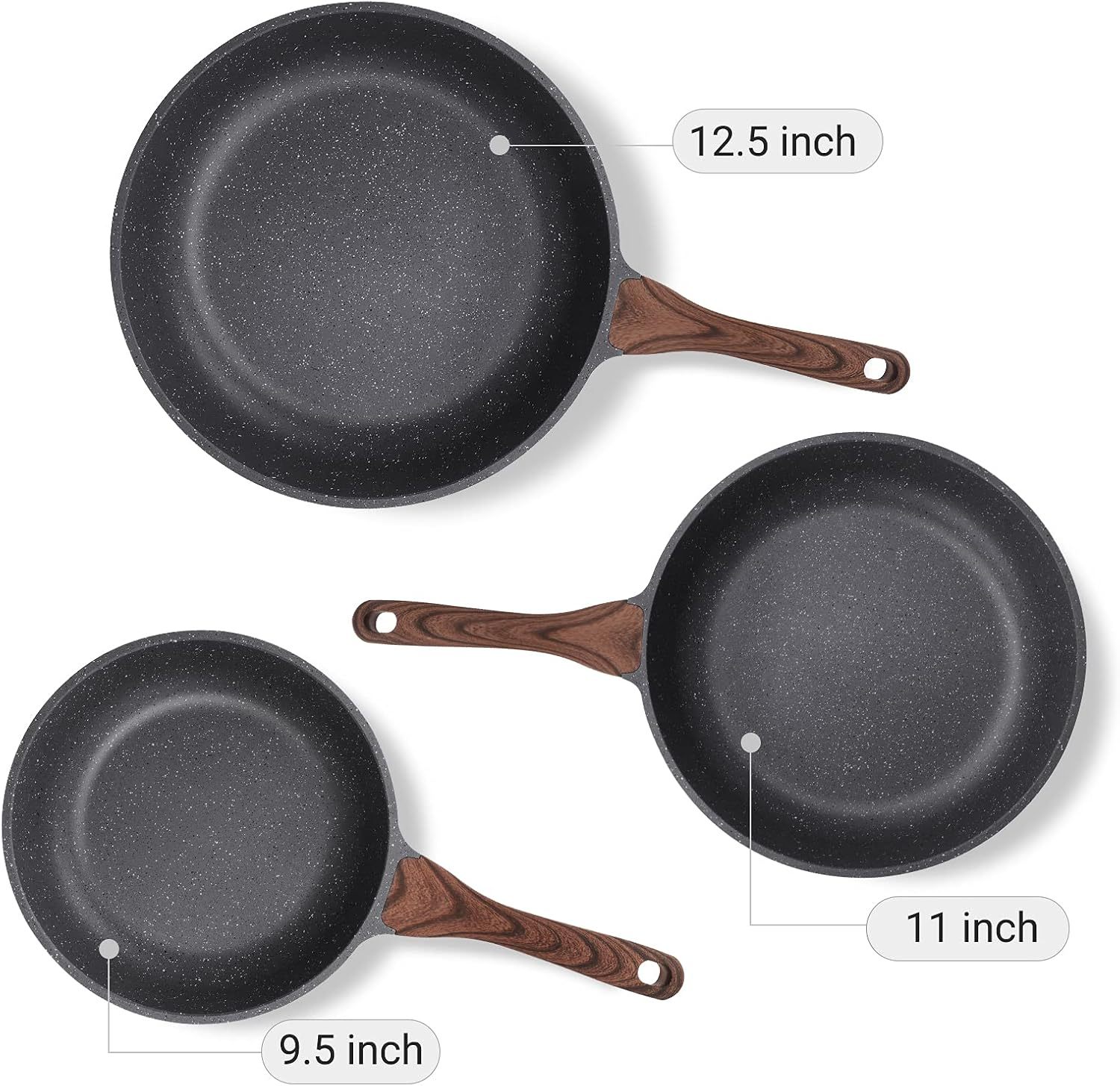 Nonstick Frying Pan Skillets, Swiss Granite Coating Omelette Pans, Healthy Cookware Chef's Pan, PFOA Free(9.5+11+12.5 Inch)