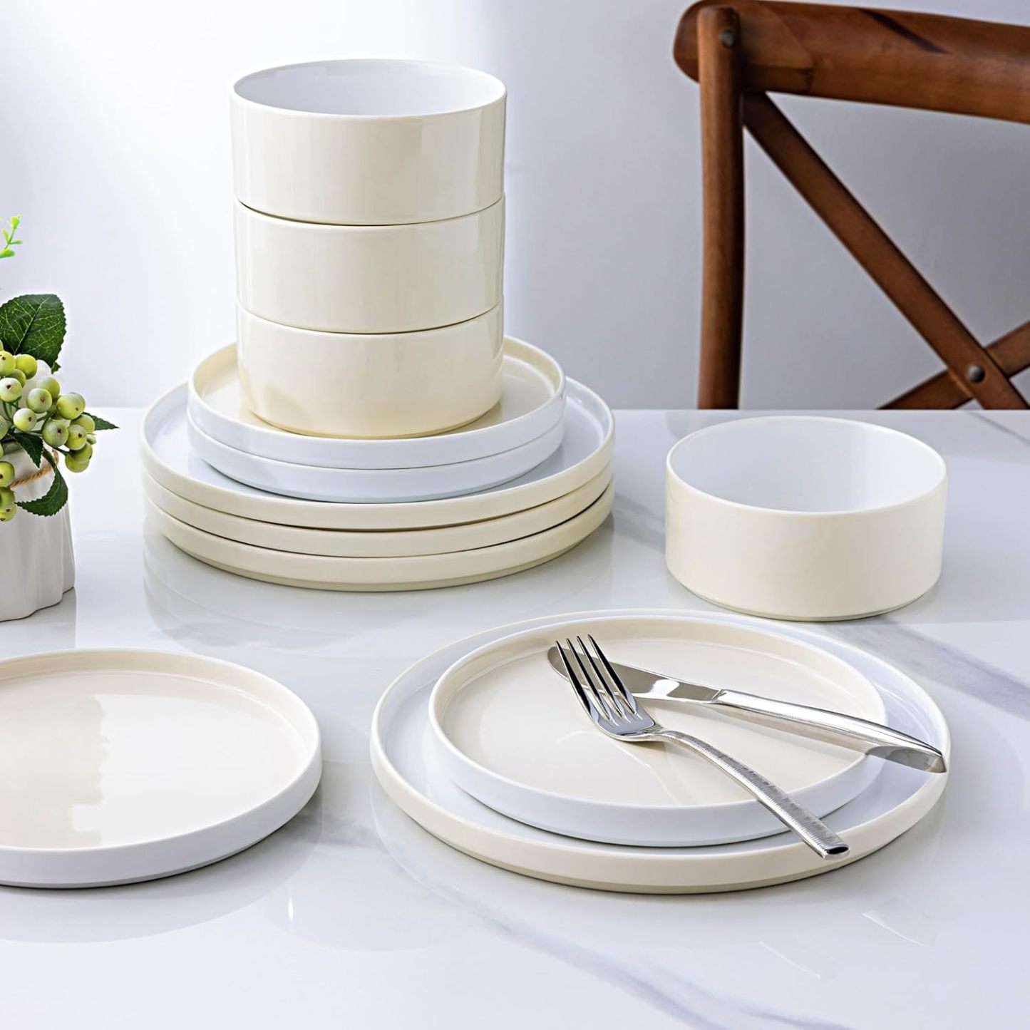 Ceramic Dinnerware Sets for 4, Modern Stoneware Plates and Bowls Sets,Chip and Crack Resistant | Dishwasher & Microwave Safe Ceramic Dishes Set,Service for 4 (12pc)-White&Beige