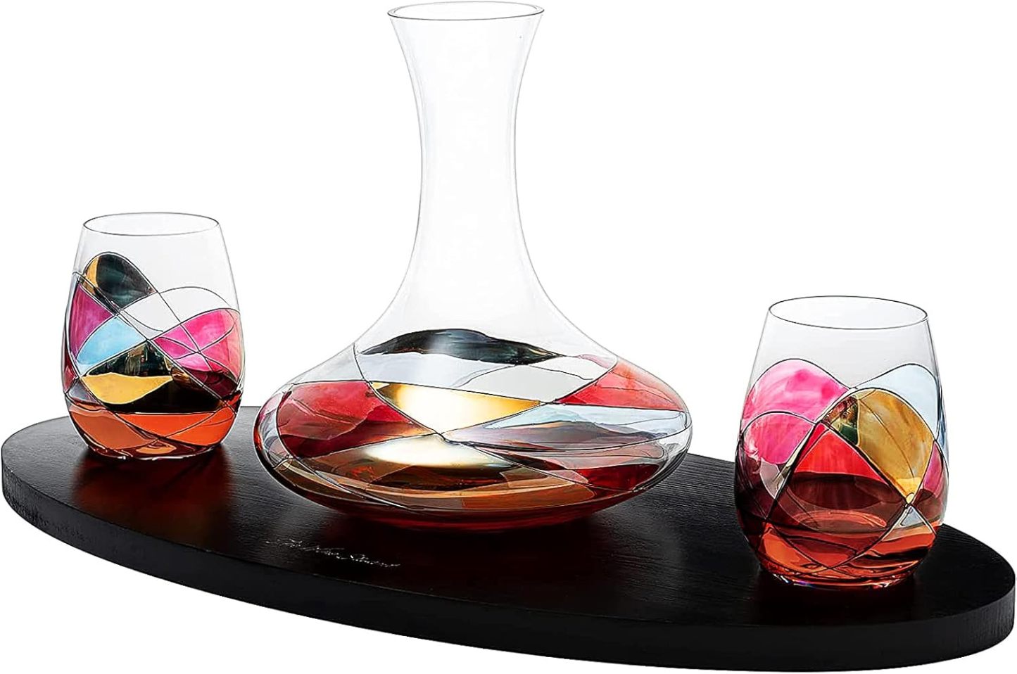 Artisanal Hand Painted Decanter & Stemless Wine Glasses Set - Renaissance Romantic Stain-glassed Windows, 2 Set