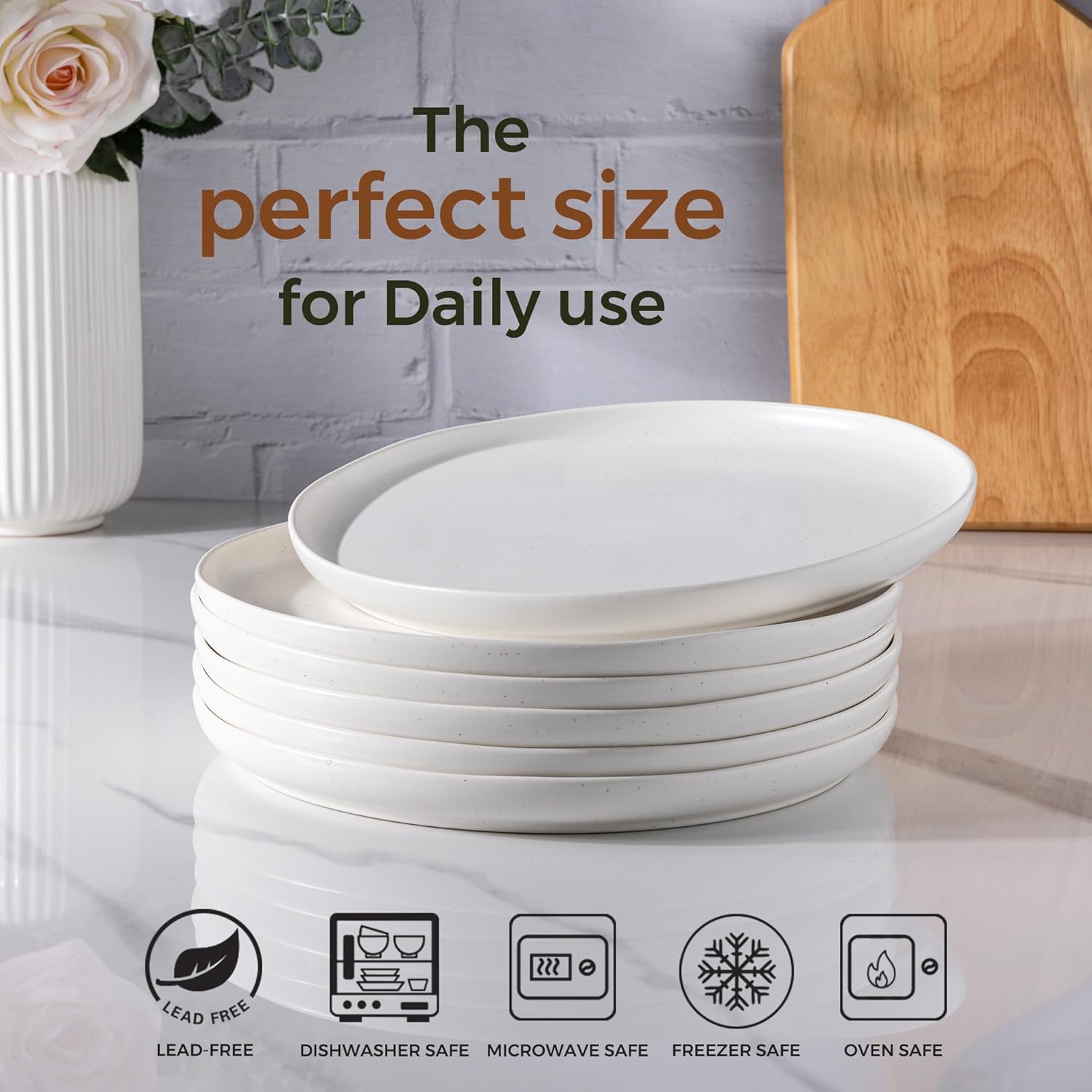 Ceramic Plates Set of 4, 8.5 In Handcrafted Wavy Rim Dish Set, Dessert, Salad, Appetizer, Small Dinner Plates, Microwave, Dishwasher Safe, Scratch Resistant - Matte Speckled White