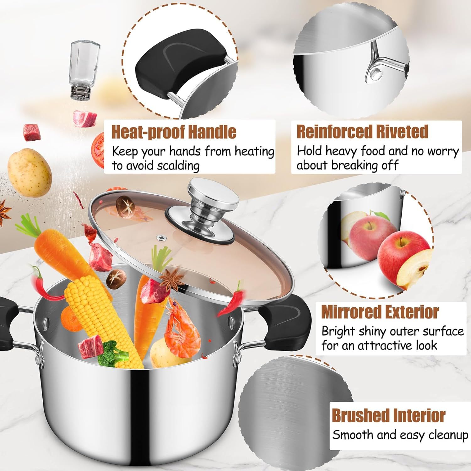 Stainless Steel Tri-ply Pasta Cooking Pot & Glass Lid with Heat-proof Handles, for Cooking Baking Boiling, Non-toxic & Heavy Duty, Various Stovetops & Dishwasher Safe