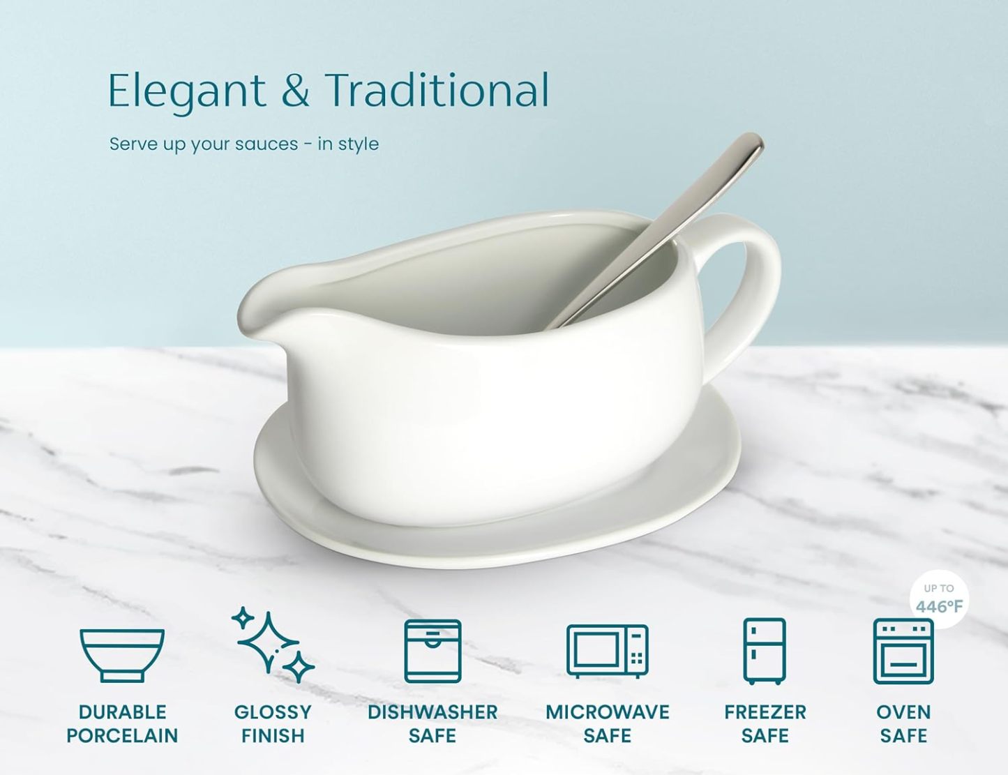 Gravy Boat & Saucer, Ceramic Serving Dish, Dispenser with Tray for Sauces, Dressings and Creamer, Large Handle, Microwave and Dishwasher Safe, White 23.8 oz (Gravy Boat with Spoon)