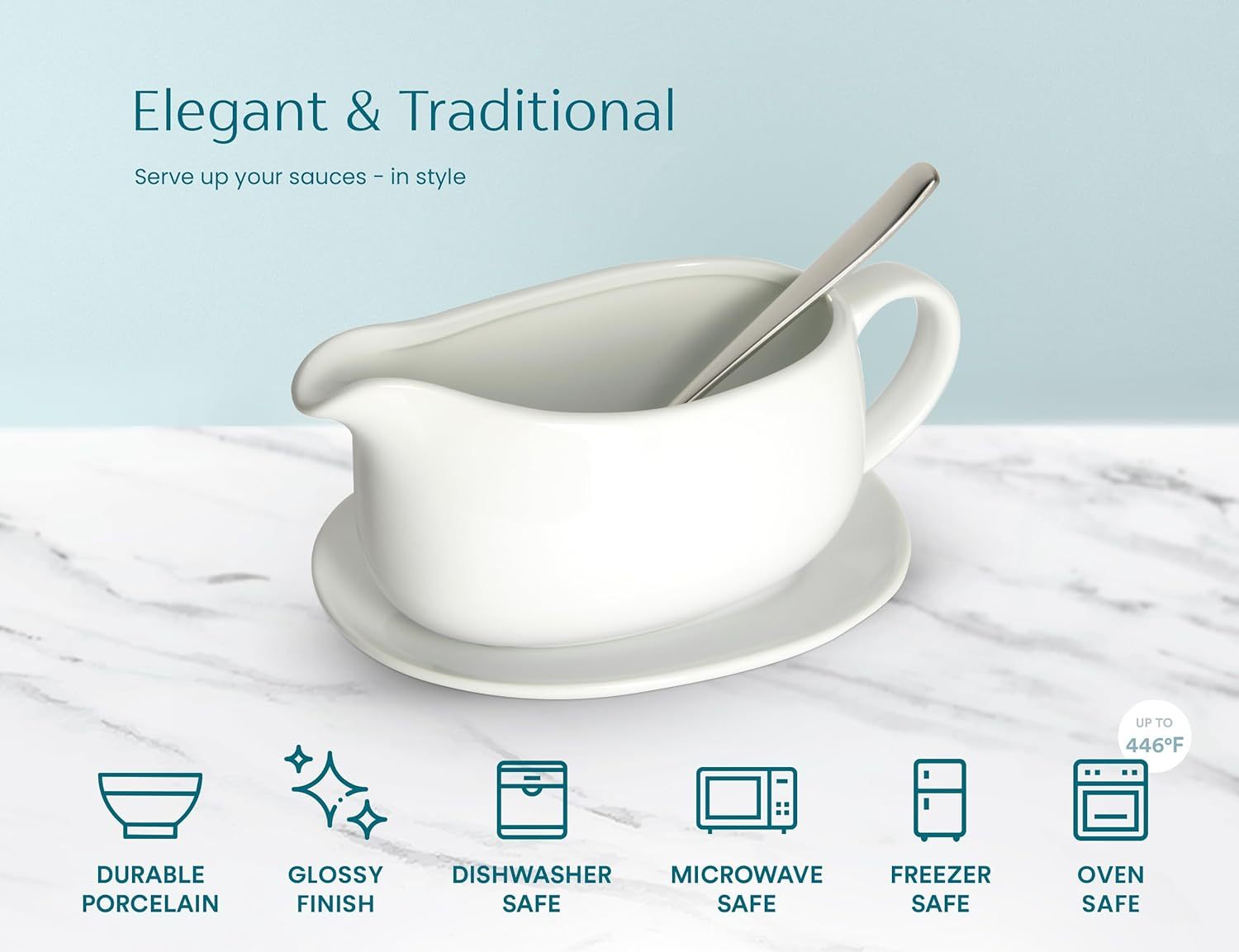 Gravy Boat & Saucer, Ceramic Serving Dish, Dispenser with Tray for Sauces, Dressings and Creamer, Large Handle, Microwave and Dishwasher Safe, White 23.8 oz (Gravy Boat with Spoon)