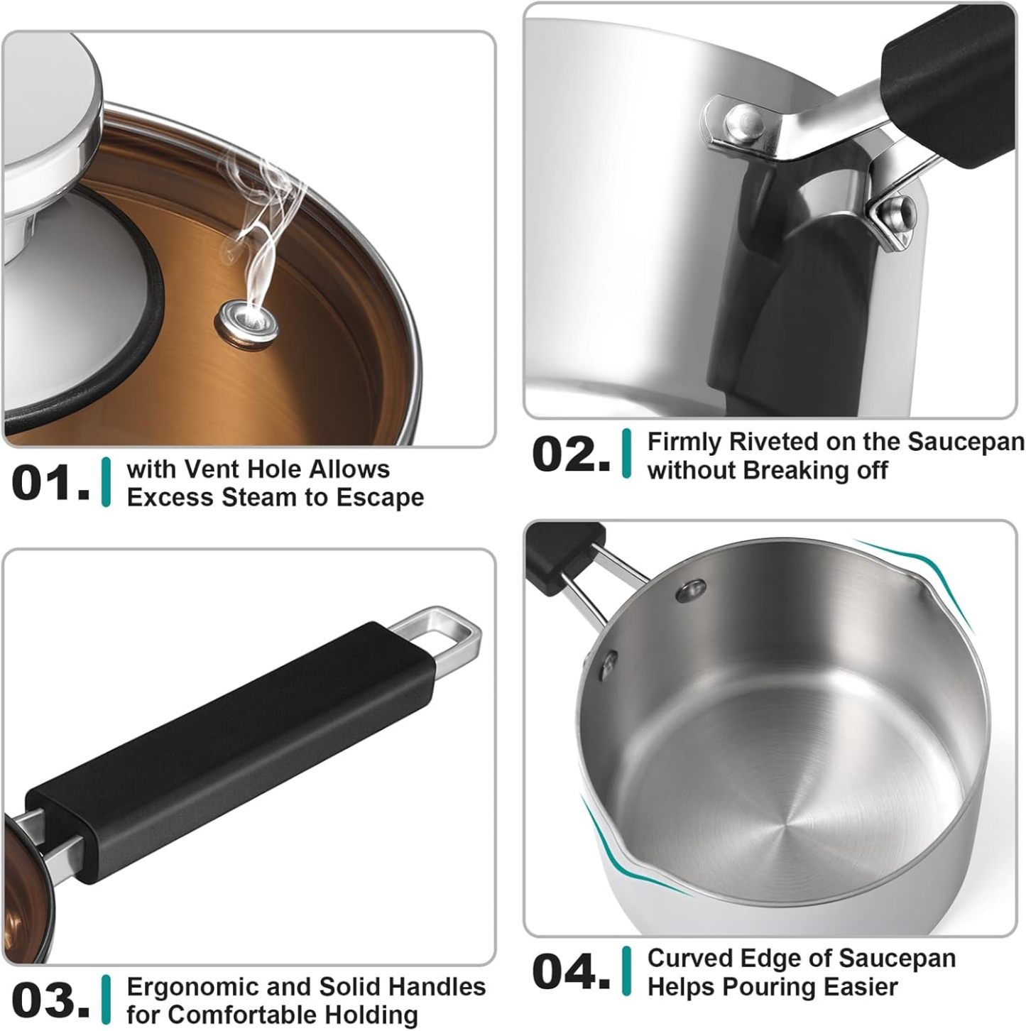 3QT Saucepan with Lid, Stainless Steel Tri-Ply Milk Sauce Pan with Heatproof Handle, Home Induction Pot for Cooking/Boiling/Braising, Non Toxic & Heavy Duty, Dishwasher Safe