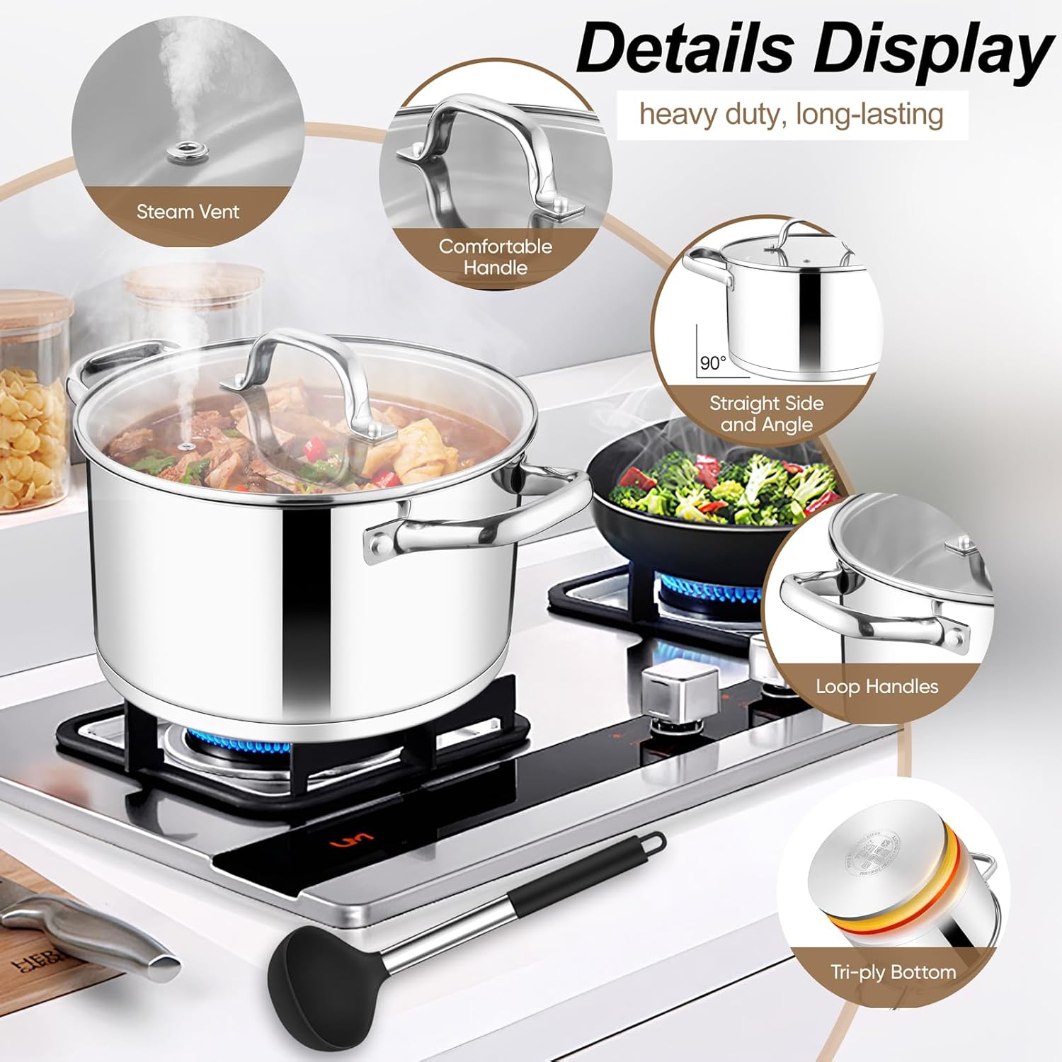 10-Piece Stainless Steel Cookware, Kitchen Cooking Pots and Pans Set w/Stock Pot Saucepan Sauté Pan Frying Pans 6PCS Silicone Cooking Utensils, Induction, Oven, Dishwasher Safe