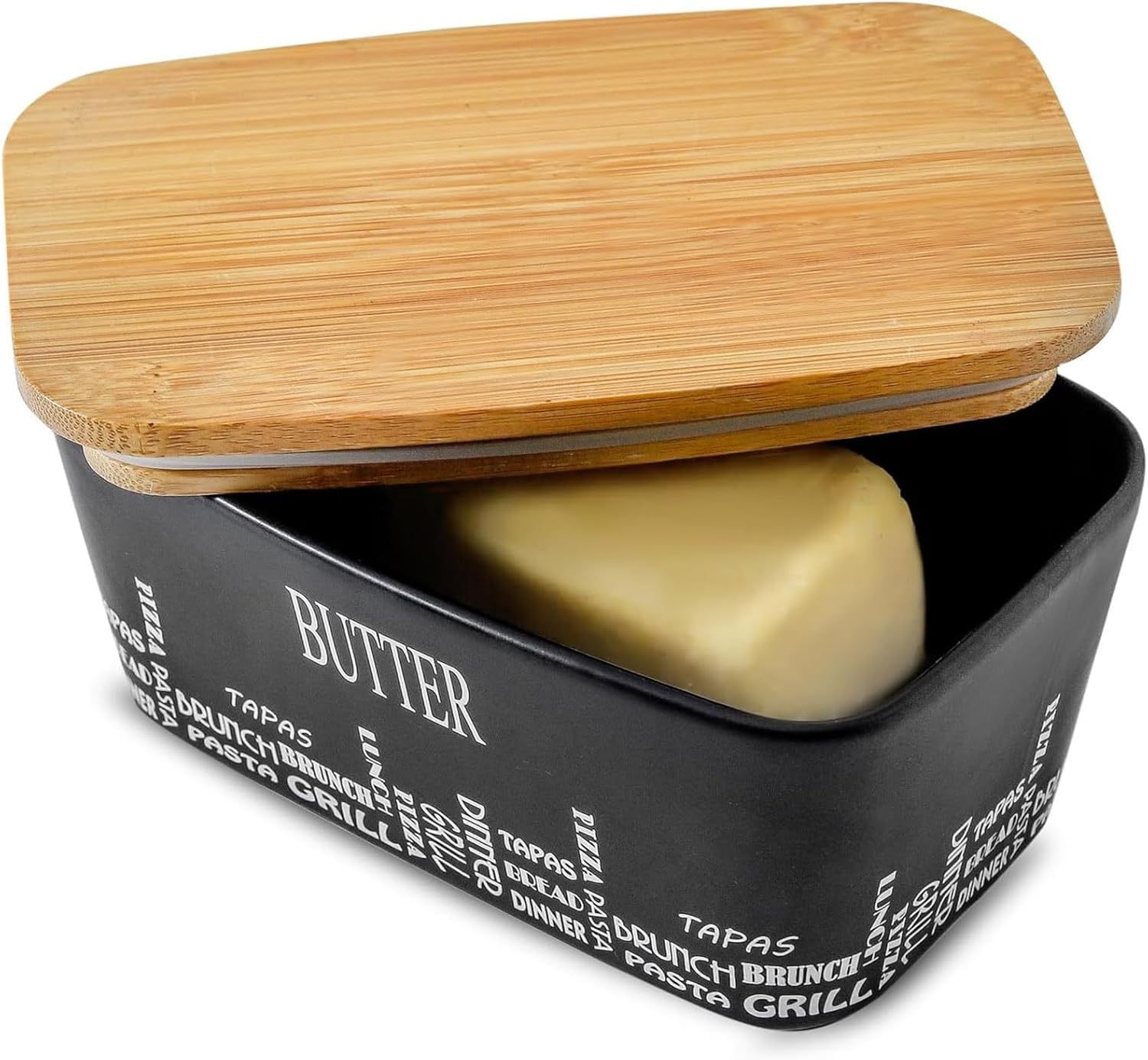 Farmhouse Butter Dish with Lid for Countertop, Butter Keeper & Holder, Butter Container for Fridge with Wooden Freshness Seal
