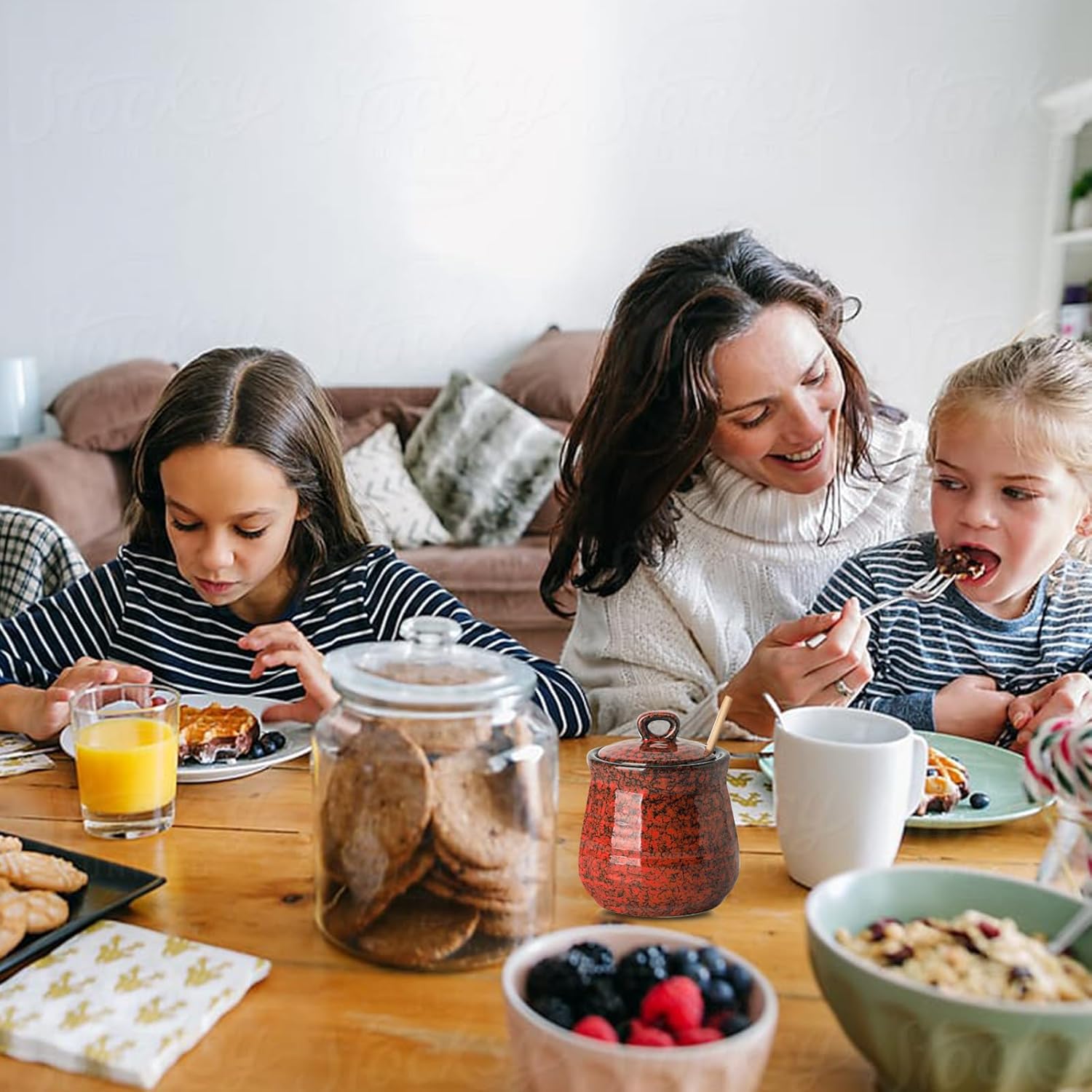 Ceramic Honey Jar and Dipper Set, 12 Ounce Honey Pot with Lid and Wooden Dipper, Porcelain Honey Dipper Stick and Jar Set