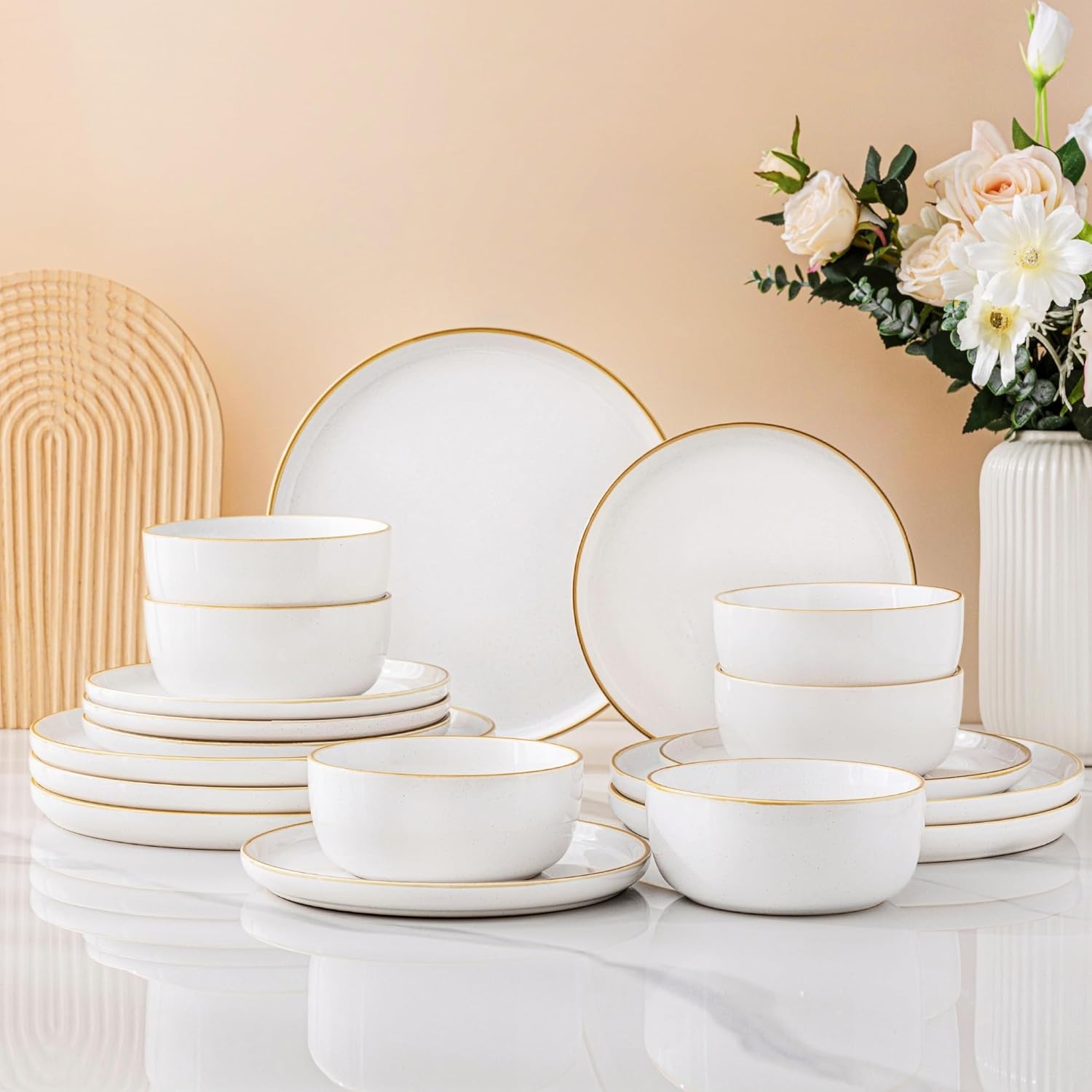 Dinnerware Set, 18 Pieces Ceramic Plates and Bowls Set, Stoneware Plates Set Handpainted, Dishwasher & Microwave Safe Dishes Set (Speckled White, Service for 6)
