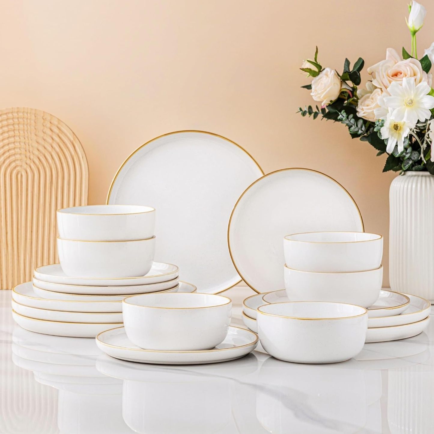 Dinnerware Set, 18 Pieces Ceramic Plates and Bowls Set, Stoneware Plates Set Handpainted, Dishwasher & Microwave Safe Dishes Set (Speckled White, Service for 6)