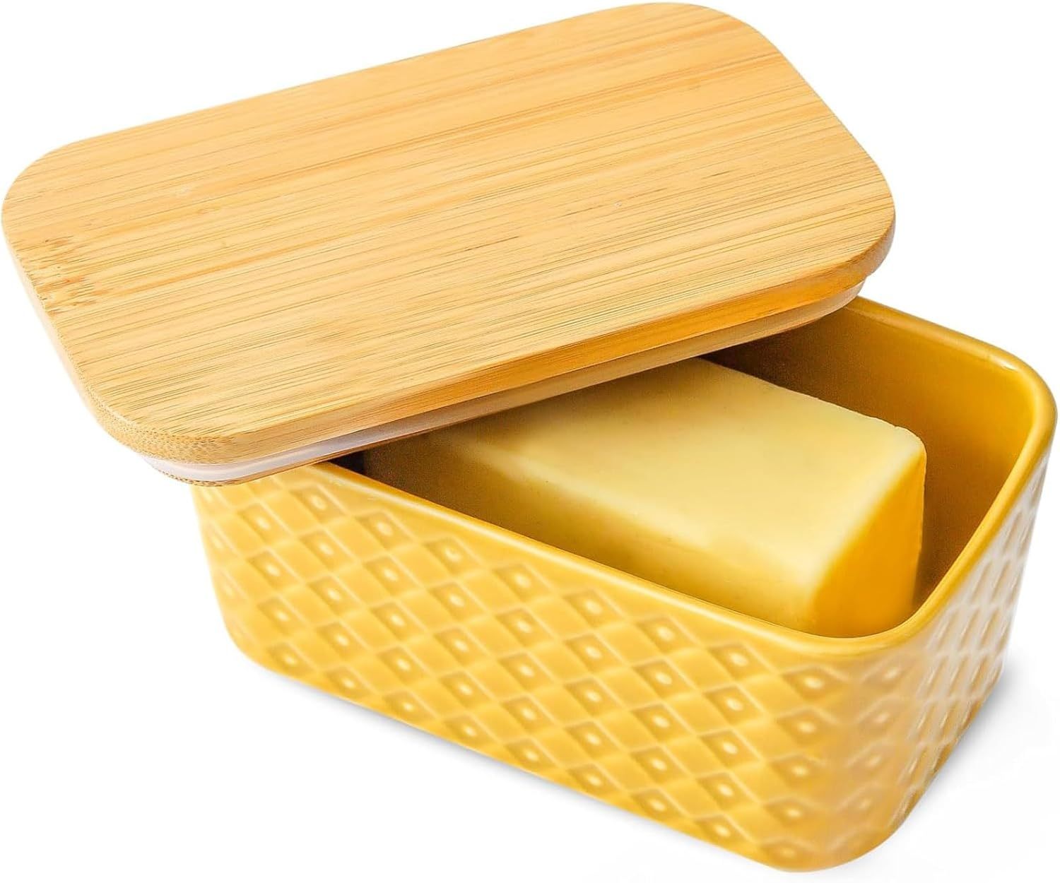 Ceramic Butter Dish with Sealing Lid, Large Yellow Butter Container for Countertop Airtight Butter Stick Covered Keeper Storage
