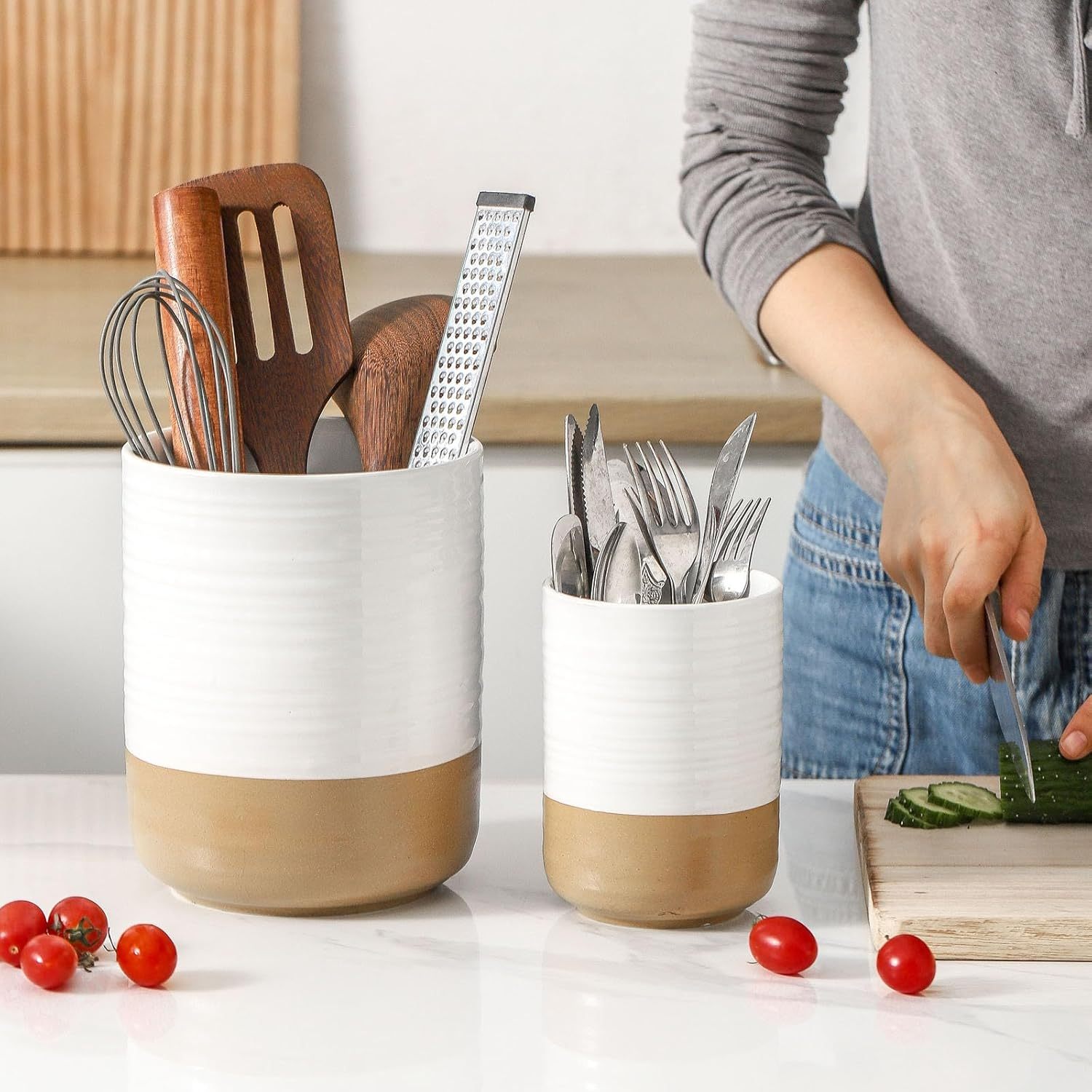 Ceramic Utensil Holder for Counter, 7.4"+5.5" Large Kitchen Utensil Organizer for Kitchen Utensil, White Cooking Utensil Crock to Hold Spatulas, Farmhouse Decor, Set of 2