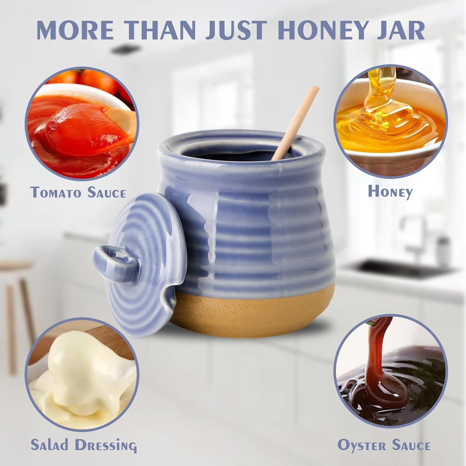 Honey Dipper Stick and Jar Set, Ceramic Honey Pot with Lid and Wooden Dipper, 12 oz Honey Jar for Home Decor