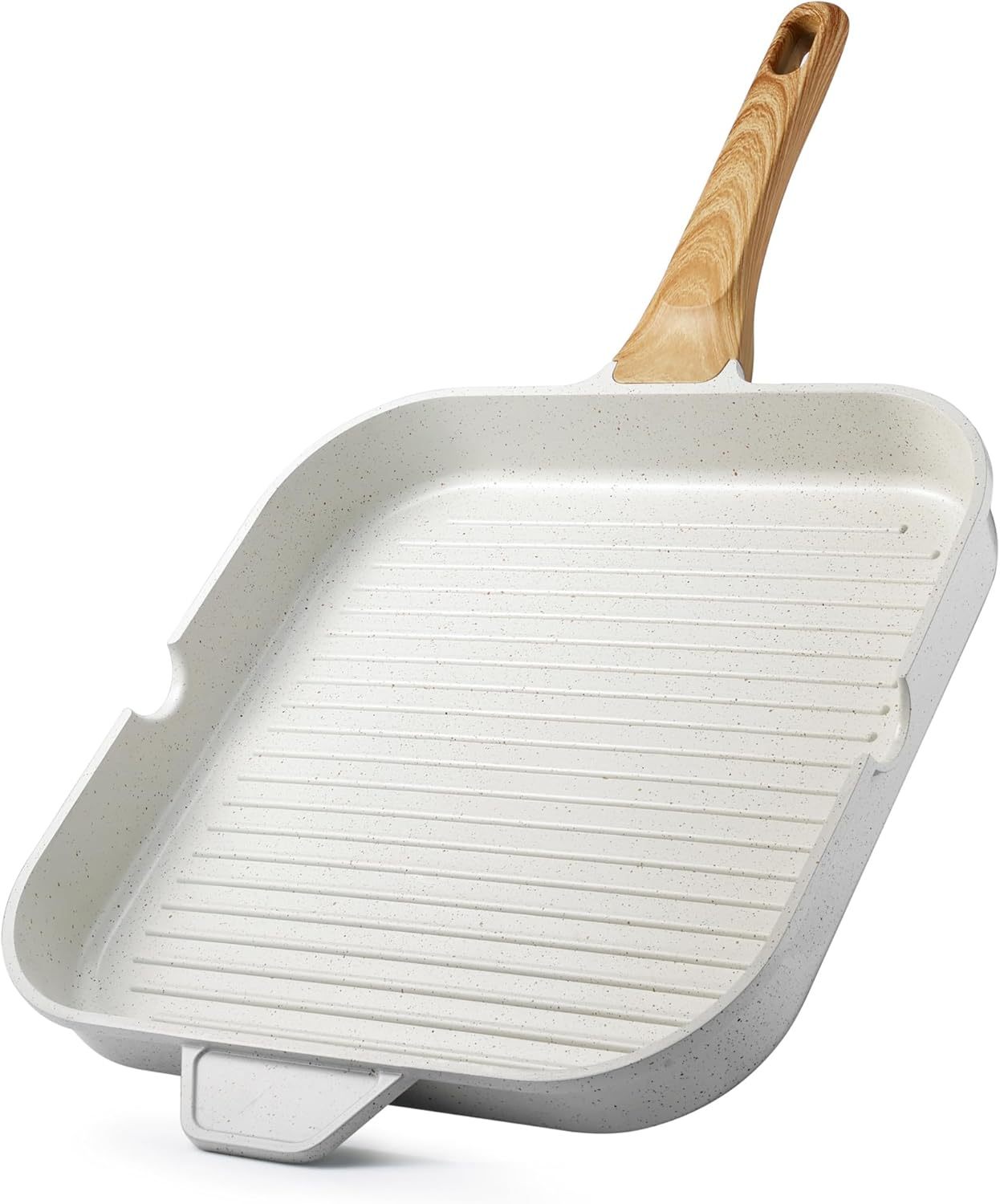 12Inch Nonstick Ceramic Grill Pan for Stove Tops, Square Grilling Pan with Pour Spouts, Non Toxic Durable Grill Skillet for All Stoves(Gas,Electric,Induction) PTFE,PFAS,PFOA Free, (White)