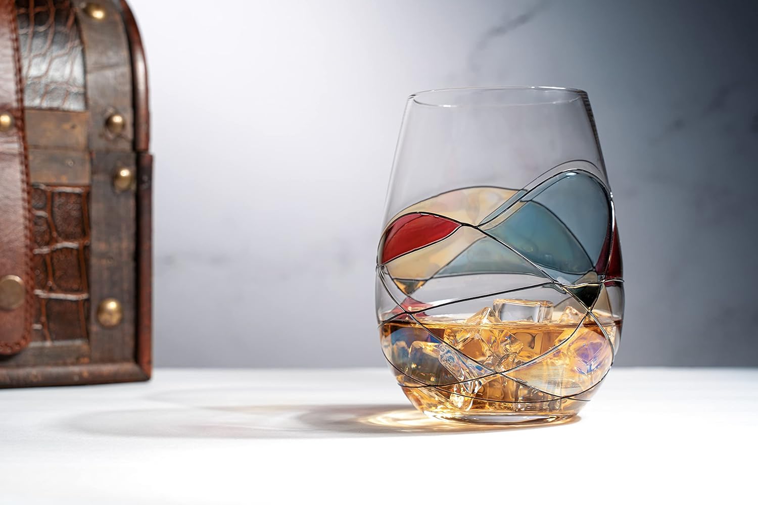 Artisanal Hand Painted Stemless Wine Glasses - Renaissance Romantic Stain-glassed Windows 2 Set