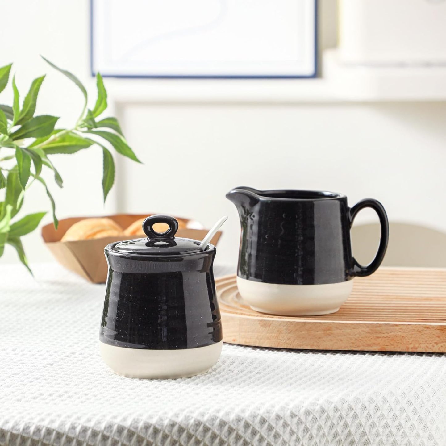 Sugar and Creamer Set, 3 Piece Porcelain Coffee Serving Set with Cream Pitcher, Sugar Bowl, Lid & Spoon, 10 Ounce Creamer Container and Sugar Pot